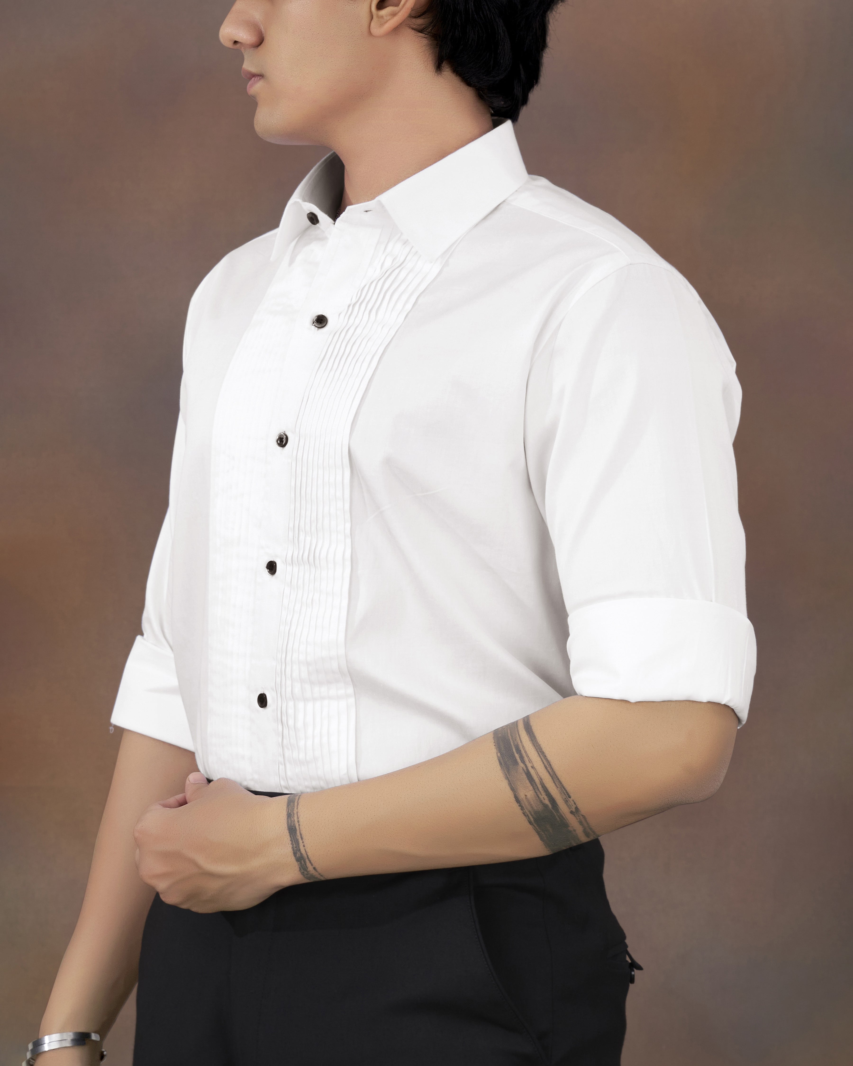 Bright White Subtle Sheen Snake Pleated Super Soft Premium Cotton Tuxedo Shirt