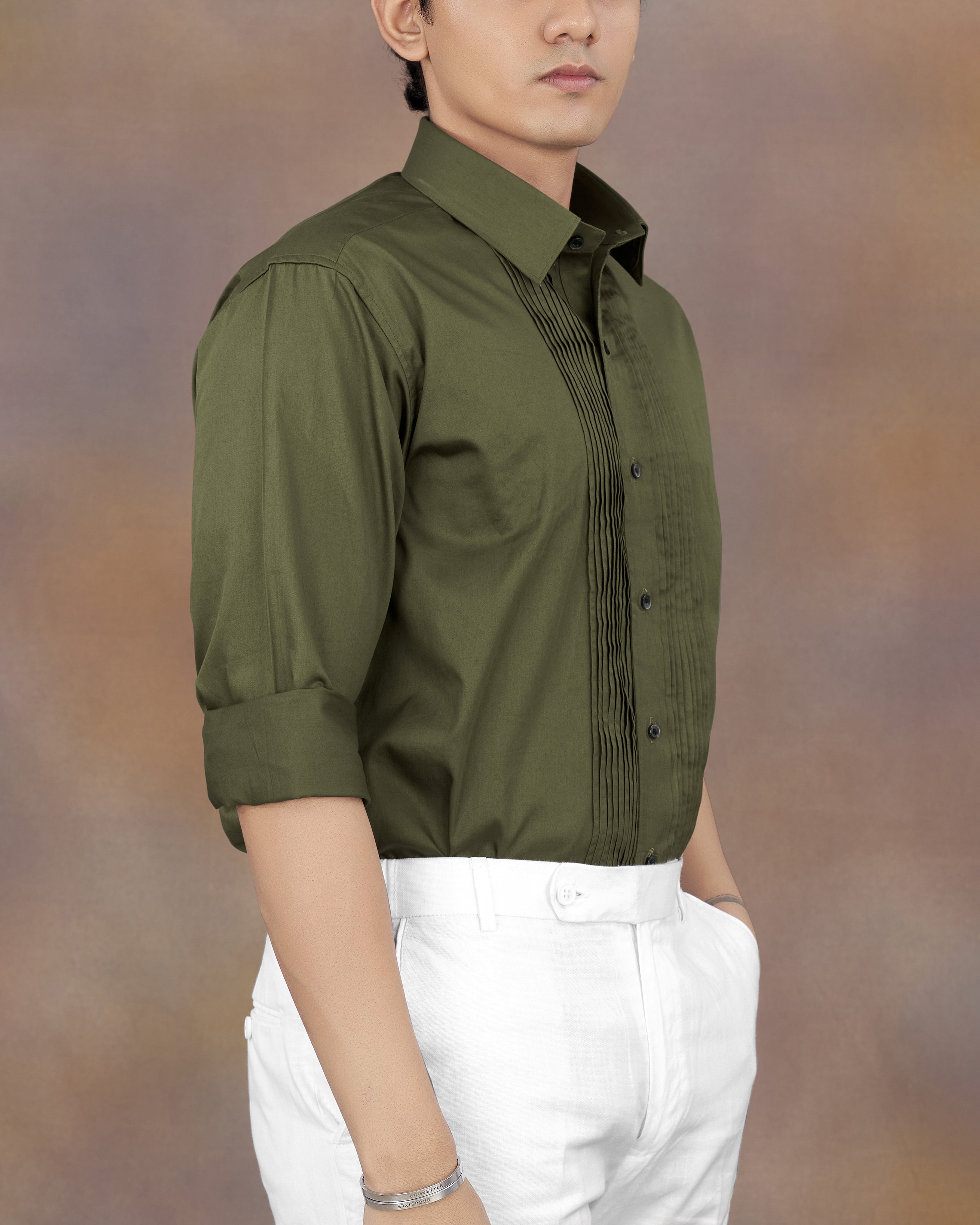 Fuscous Green Subtle Sheen Snake Pleated Super Soft Premium Cotton Tuxedo Shirt