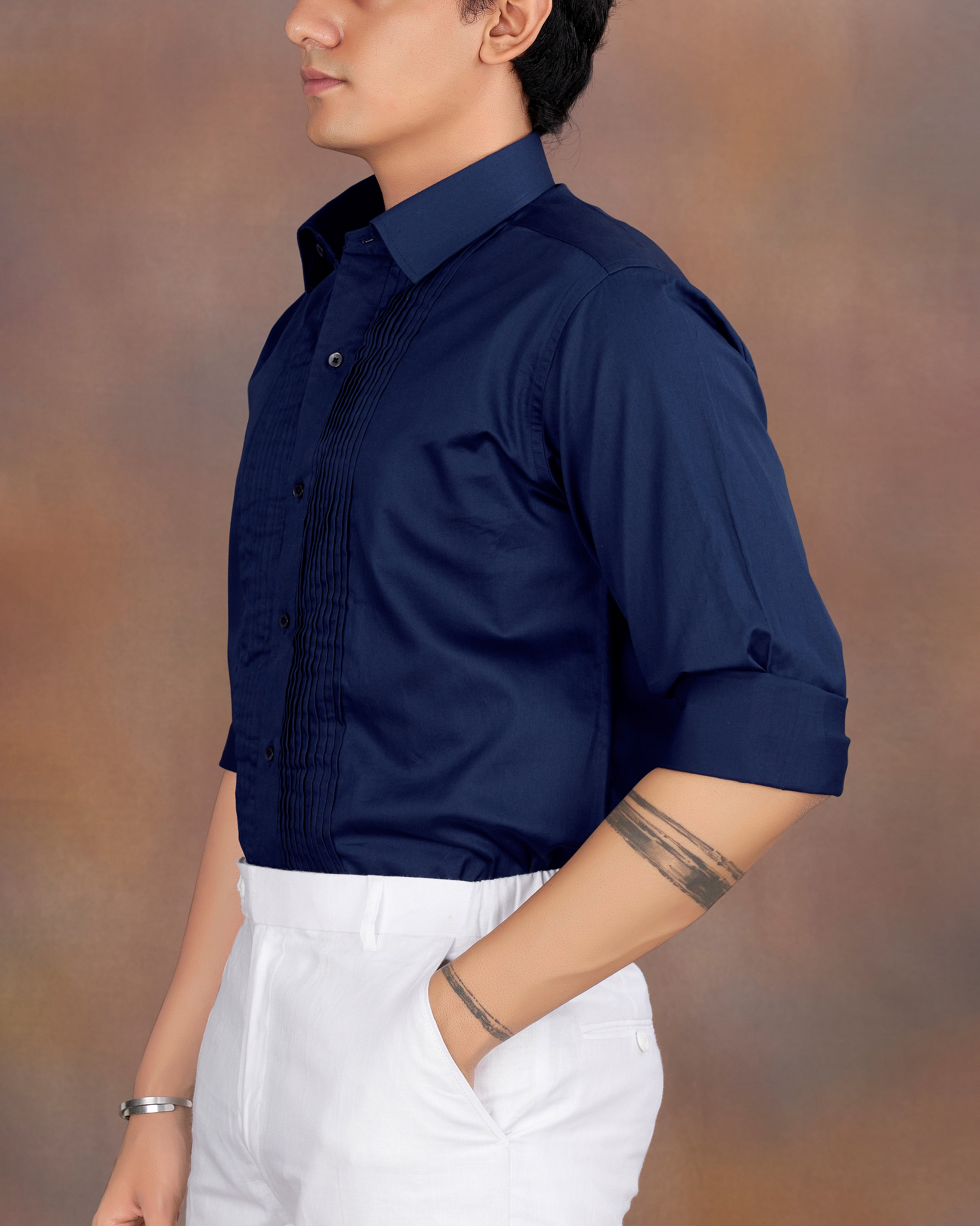 Cloud Burst Blue Subtle Sheen Snake Pleated Super Soft Premium Cotton Tuxedo Shirt