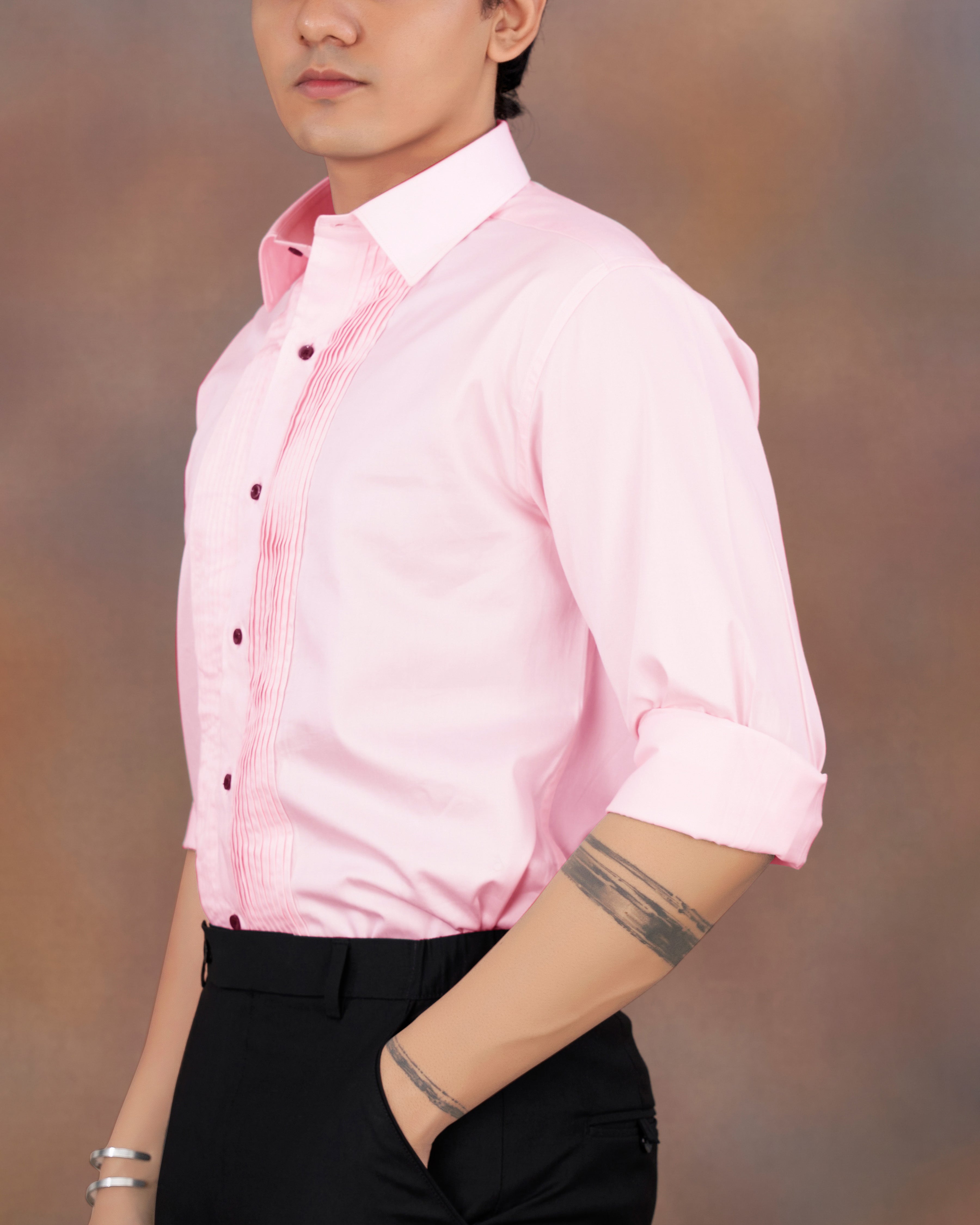Pinocchio Pink Subtle Sheen Snake Pleated Super Soft Premium Cotton Tuxedo Shirt