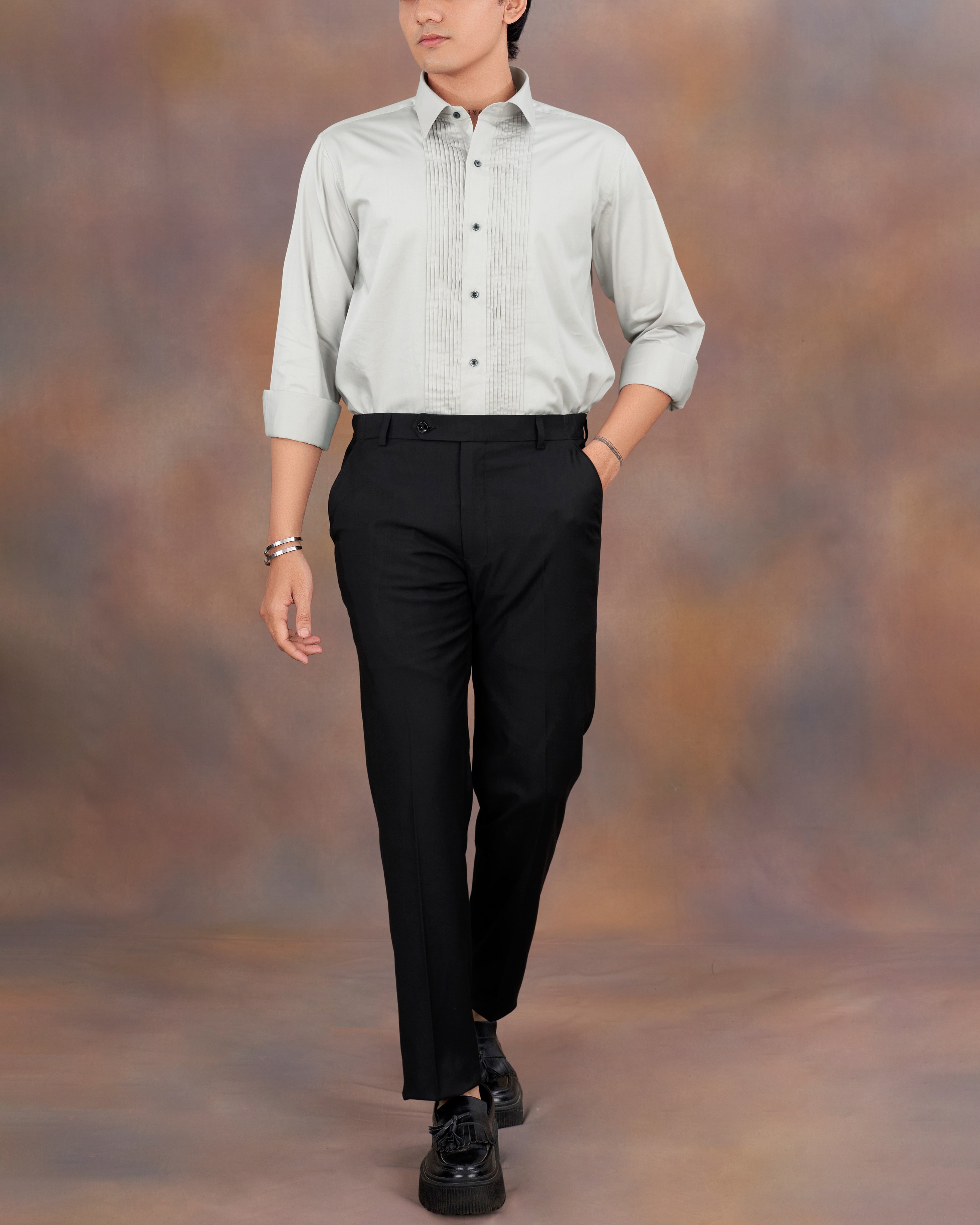 Celeste Grey Subtle Sheen Snake Pleated Super Soft Premium Cotton Tuxedo Shirt