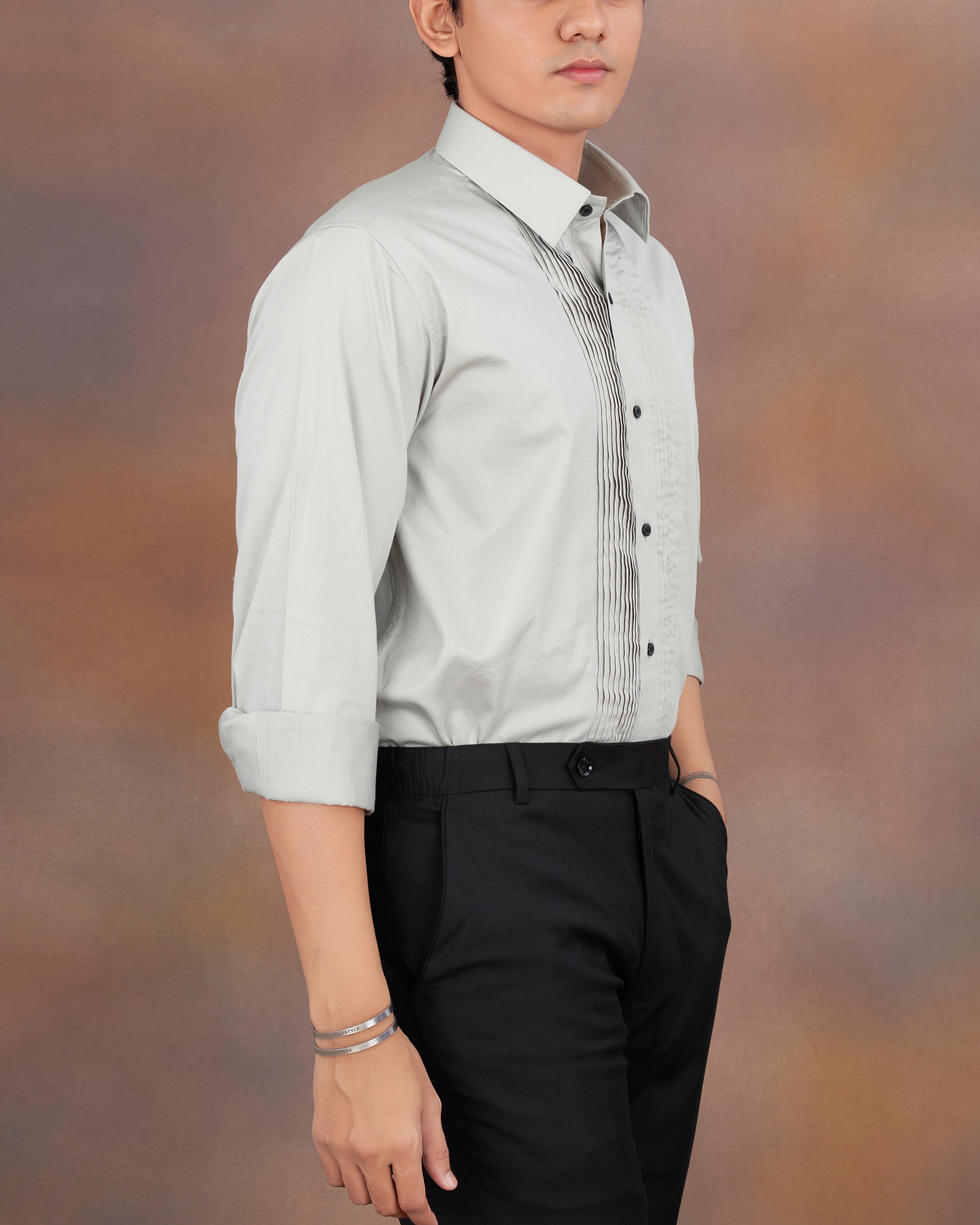 Celeste Grey Subtle Sheen Snake Pleated Super Soft Premium Cotton Tuxedo Shirt