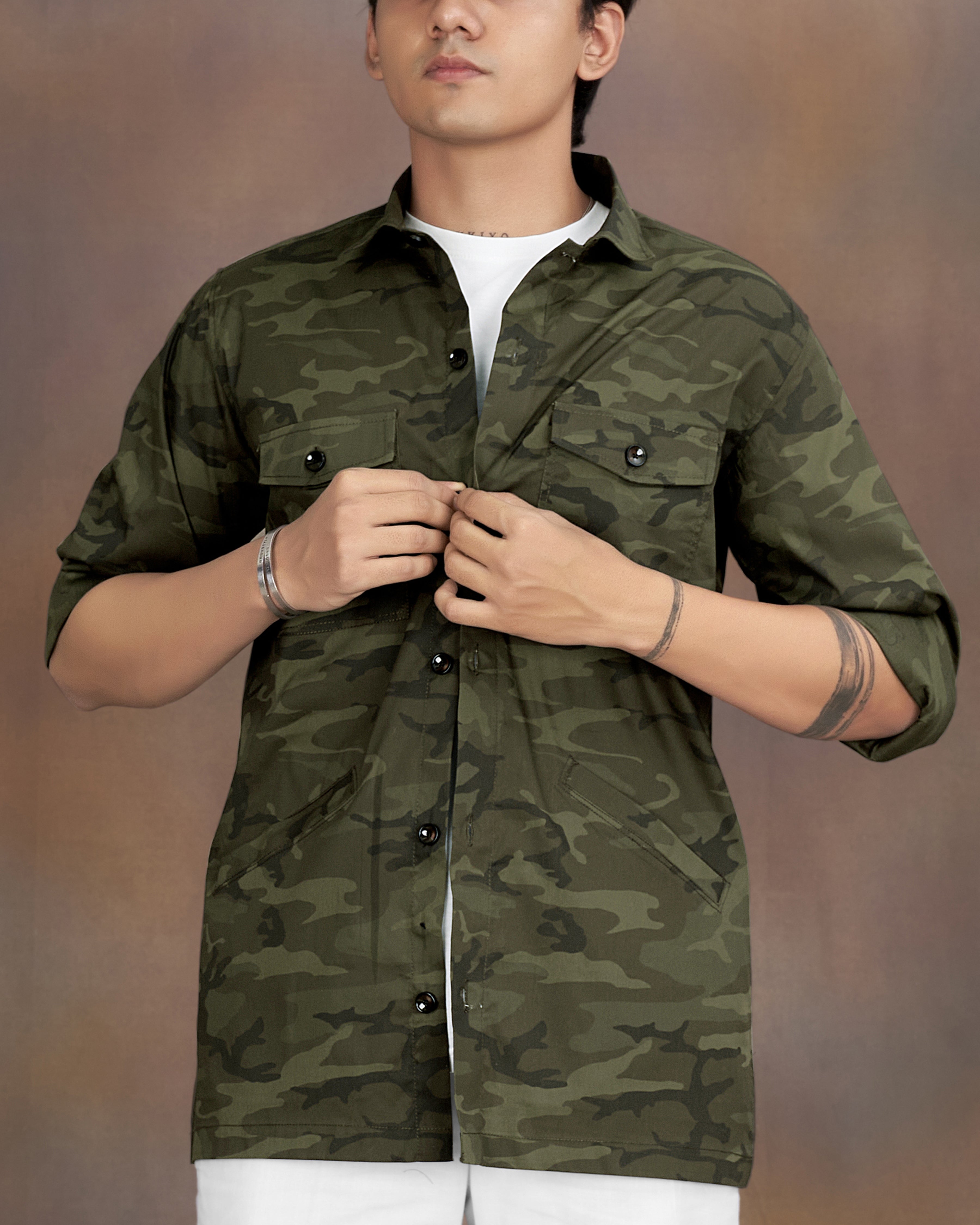 Rifle Green with Walnut Brown Camouflage Printed Royal Oxford Designer Overshirt/Shacket