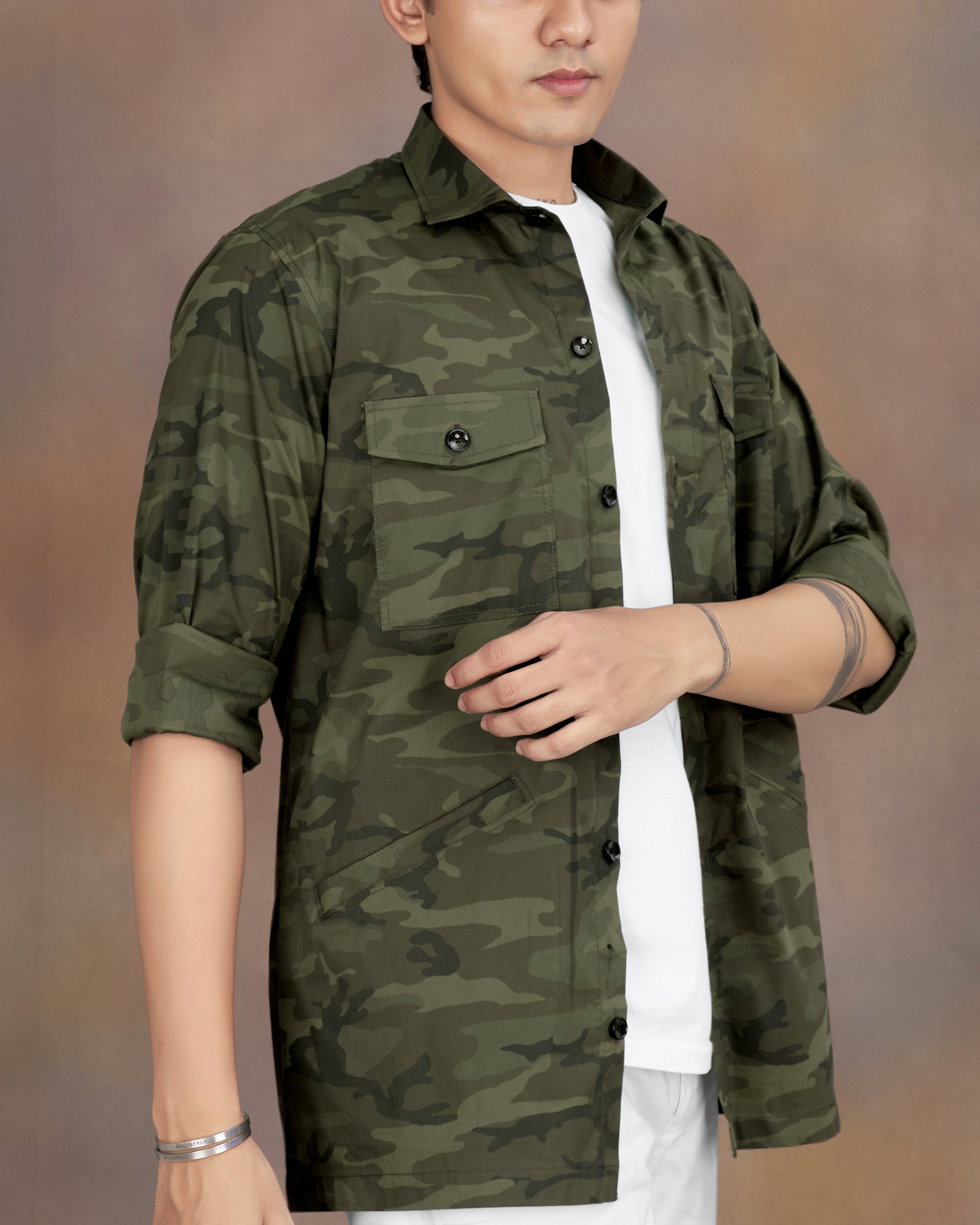 Rifle Green with Walnut Brown Camouflage Printed Royal Oxford Designer Overshirt/Shacket