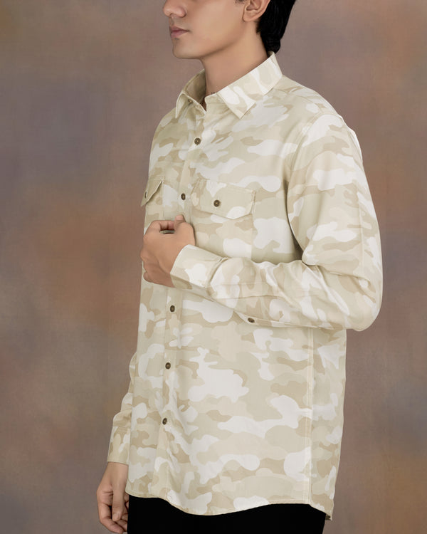 Mercury Cream with Beaver Brown Multicoloured   Camouflage Printed Premium Tencel Designer Shirt