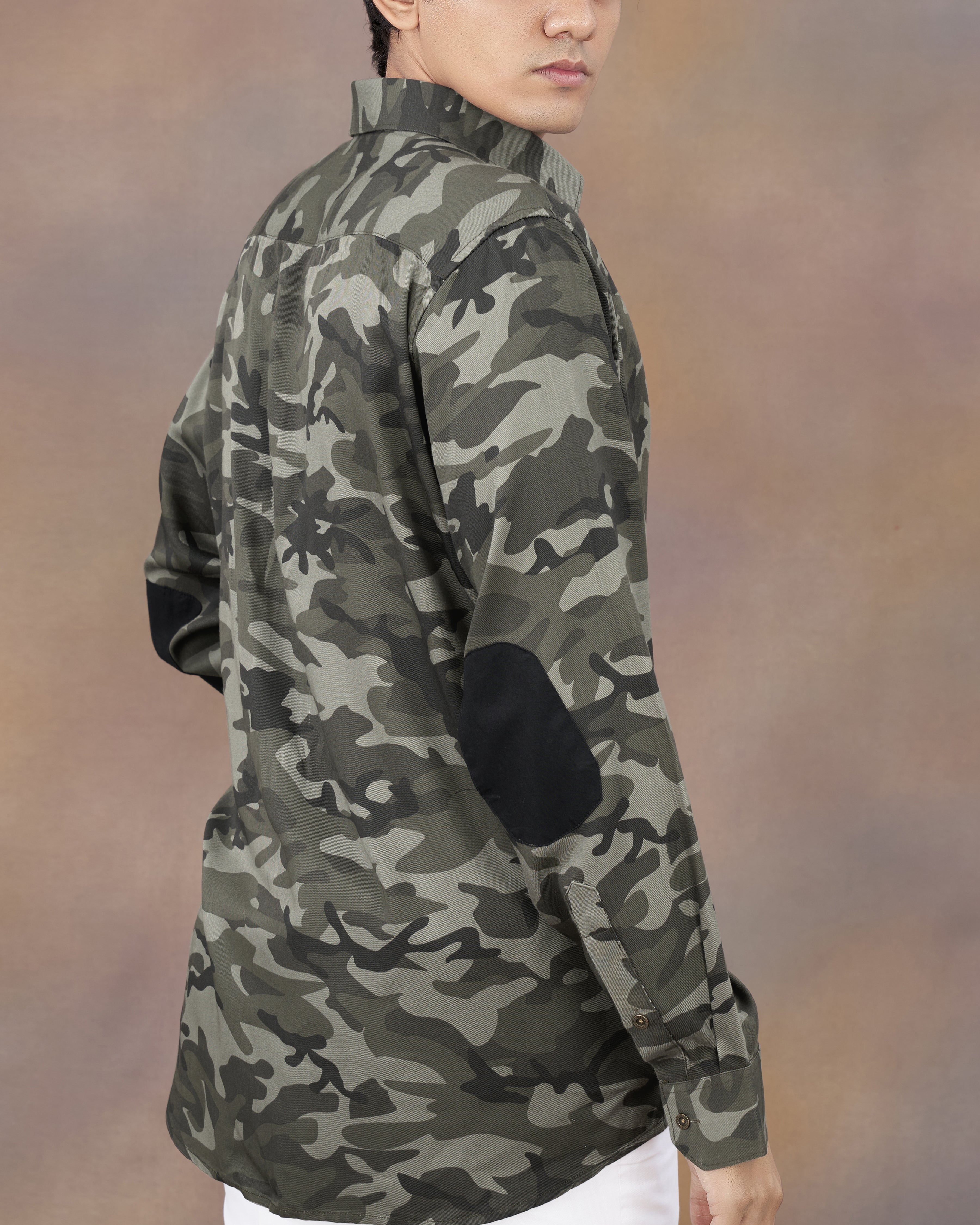 Fuscous Green with Mirage Black Camouflage Military Printed Premium Tencel Designer Shirt