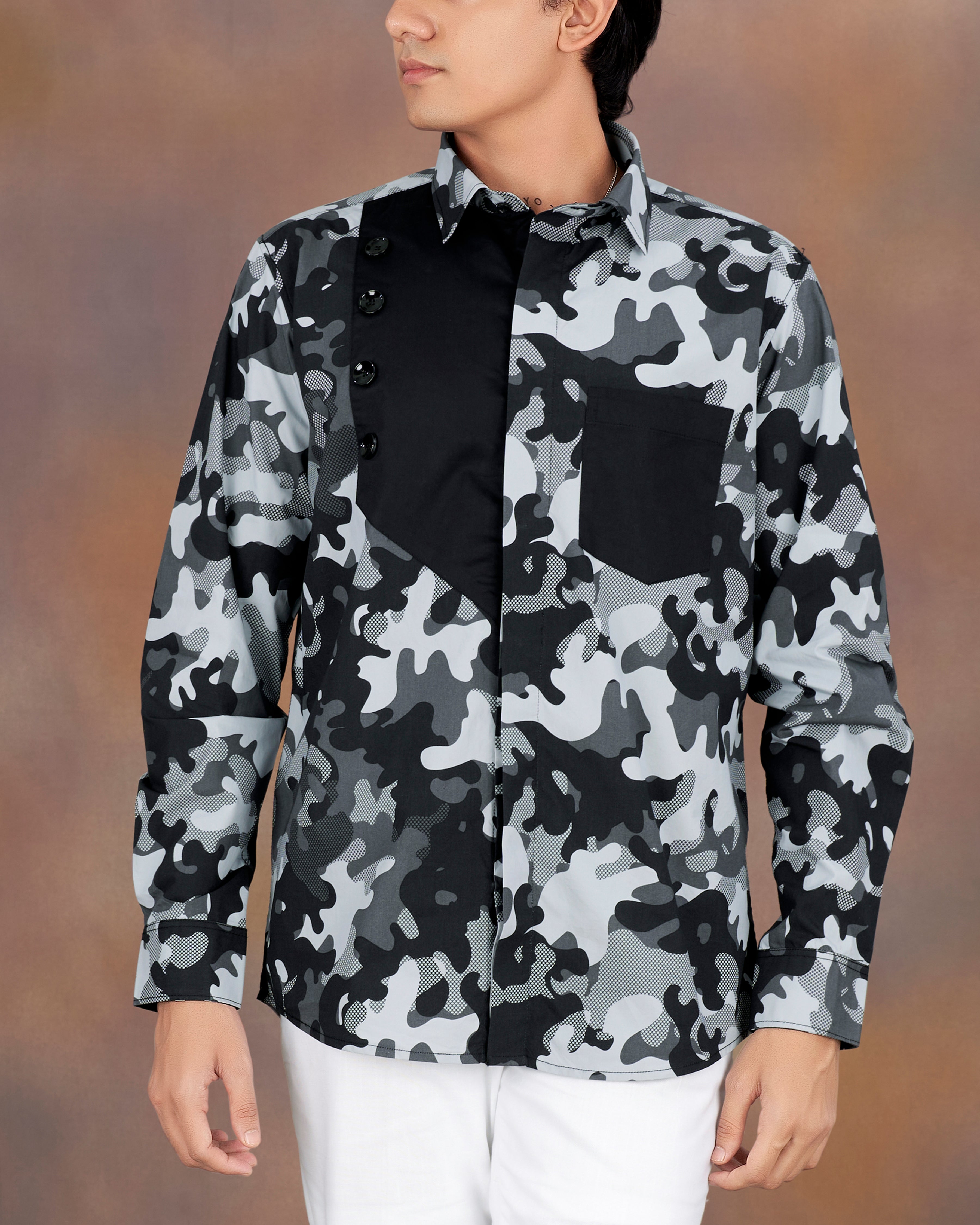 Gunmetal Gray with Black and White Camouflage Printed Premium Tencel Designer Shirt