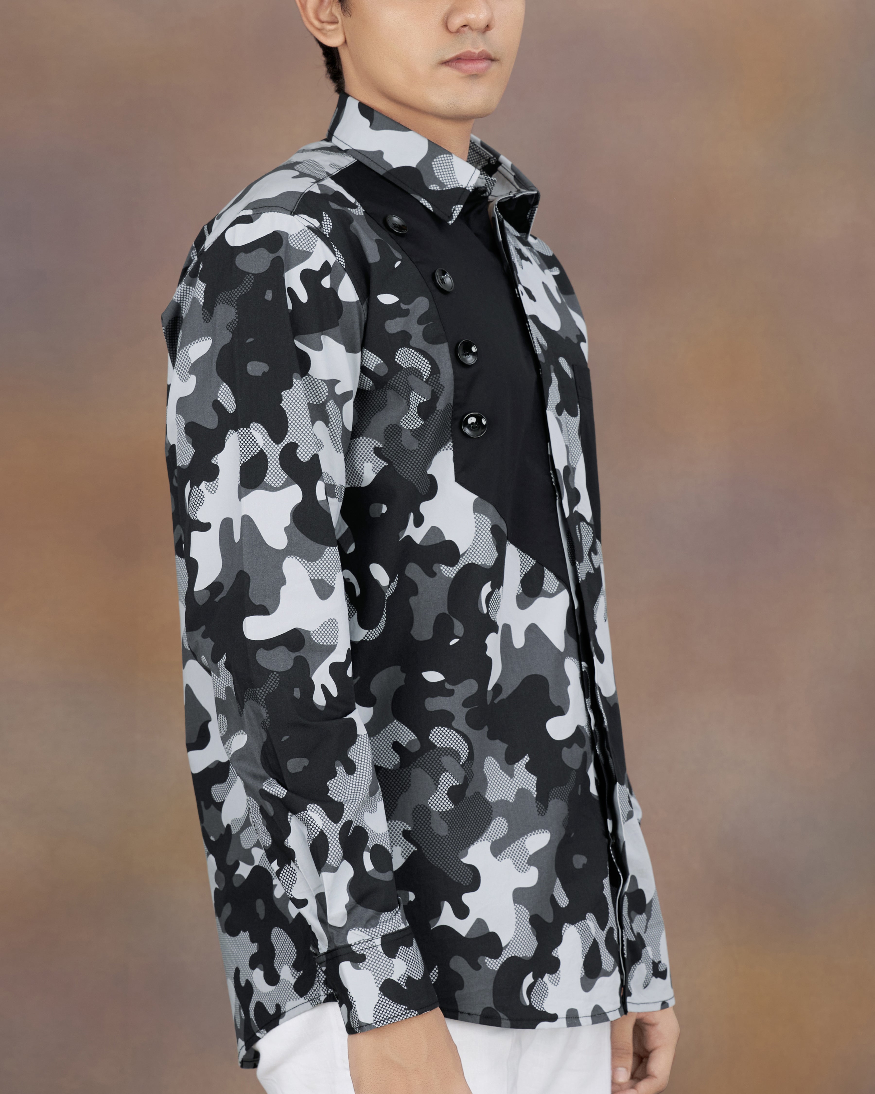 Gunmetal Gray with Black and White Camouflage Printed Premium Tencel Designer Shirt