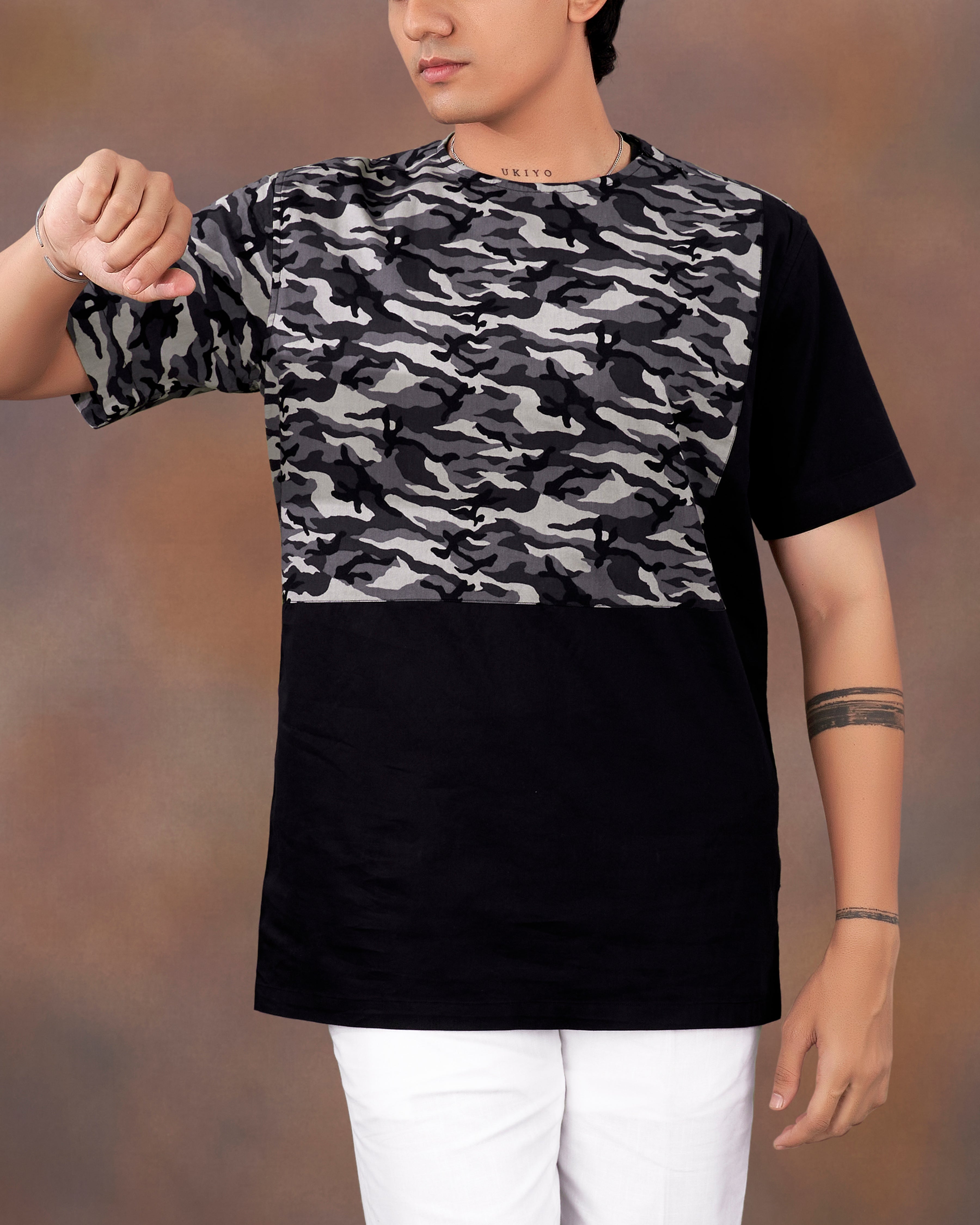 Half Camouflage Printed and Half-Black Royal Oxford Designer Bush Shirt
