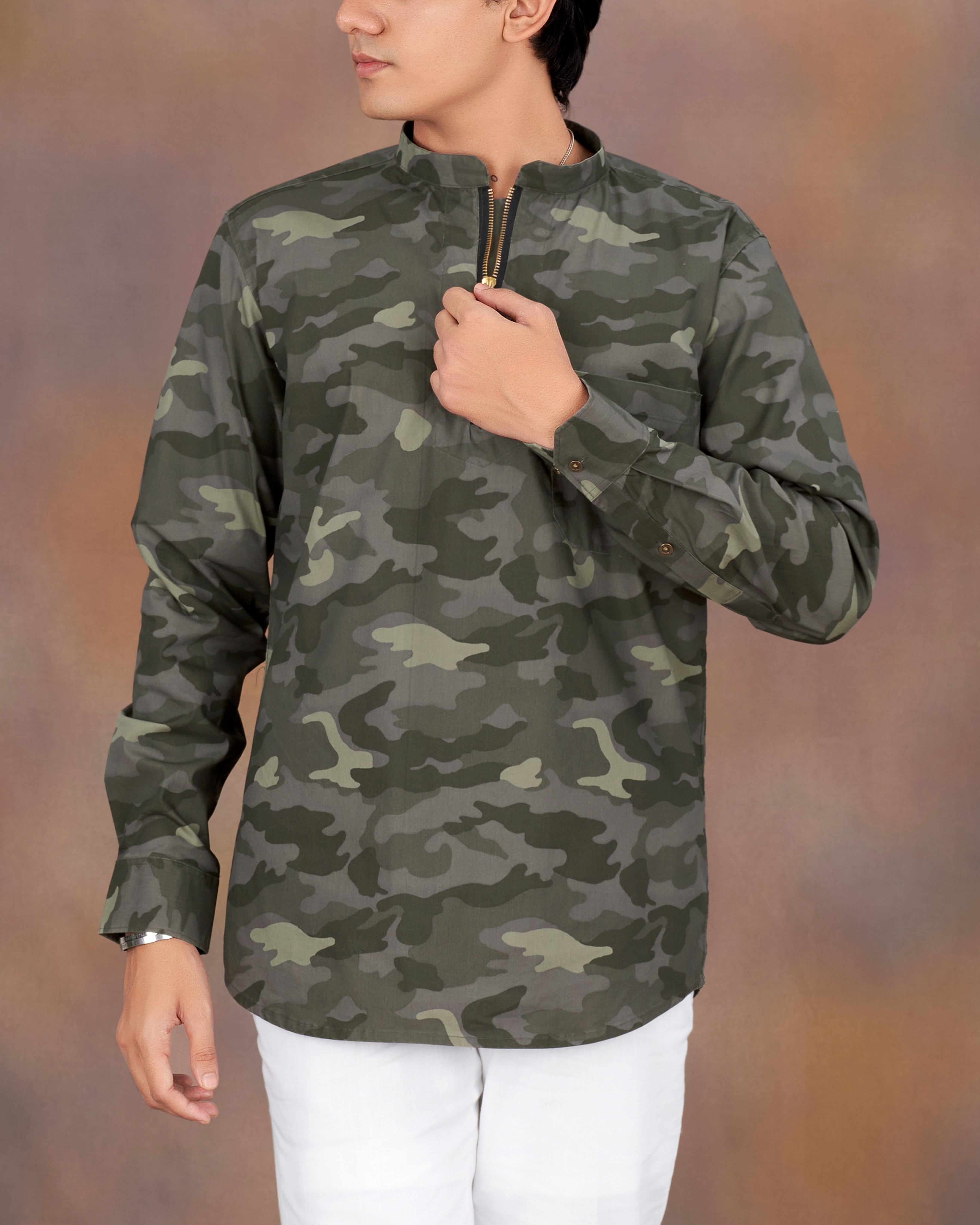 Birch Green with Wenge Gray Camouflage Printed Royal Oxford Designer zipper Shirt