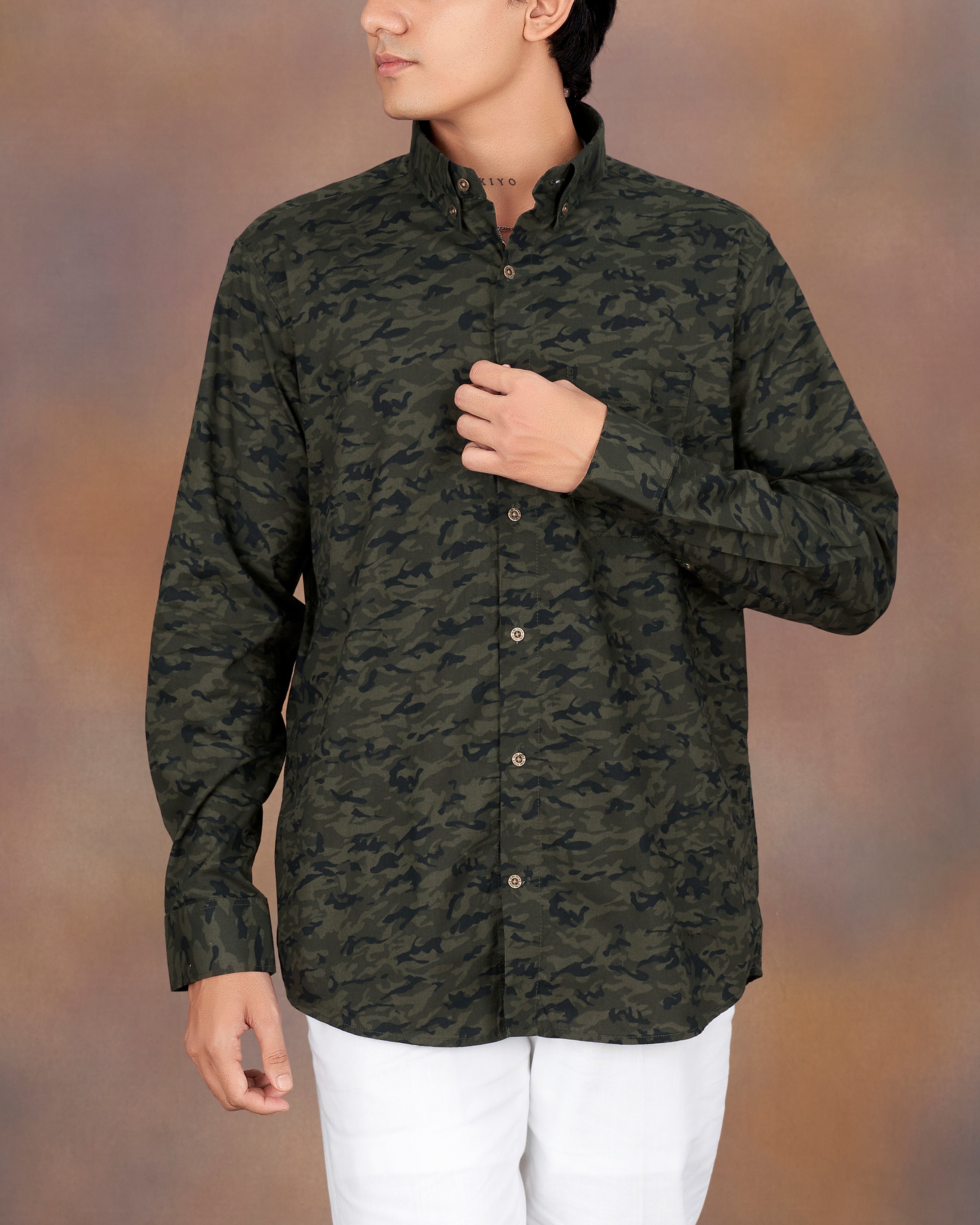 Eternity Green with Mirage Gray Camouflage Printed Premium Cotton Shirt