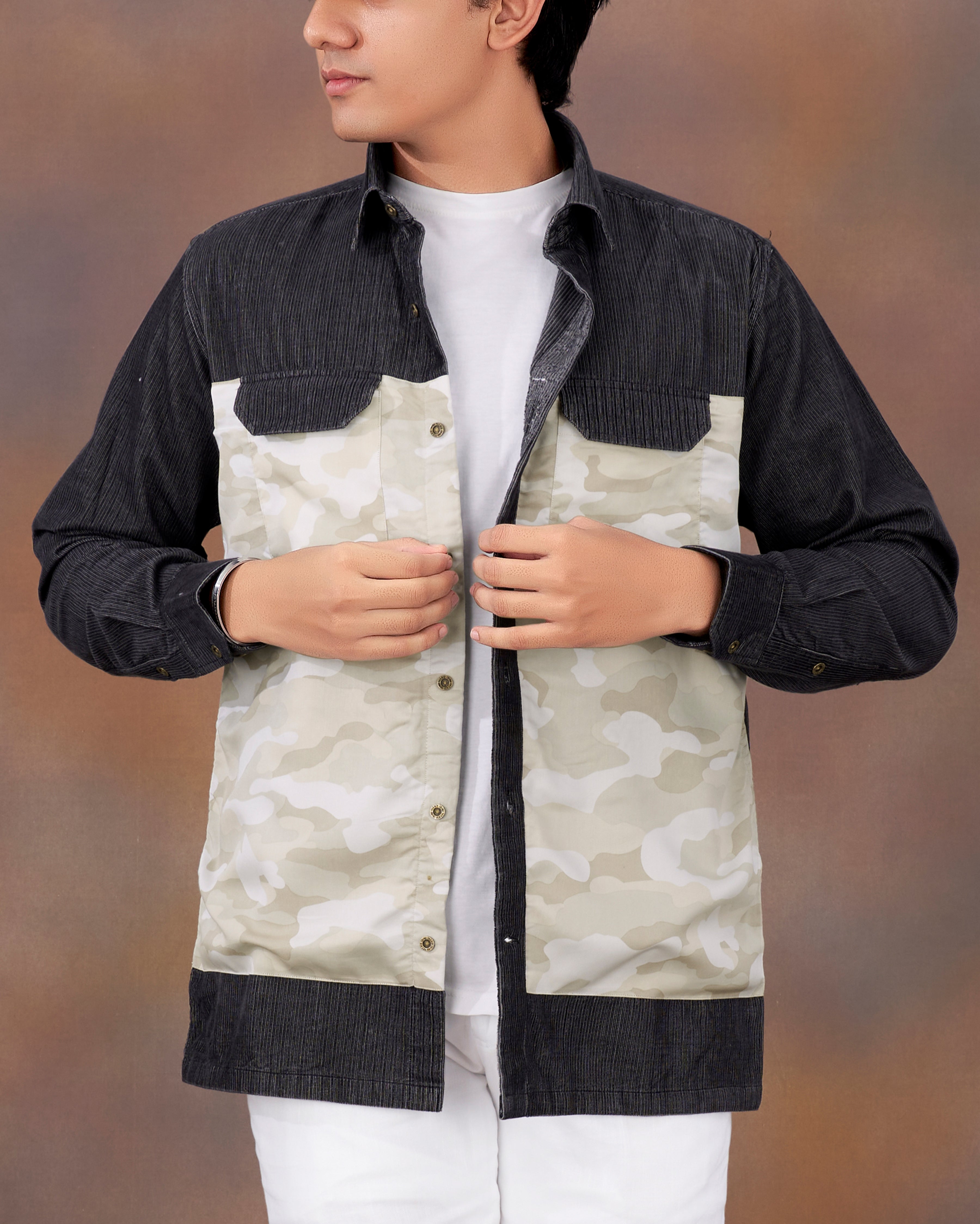 Baltic Gray with Oyster Brown Camouflage Printed Corduroy Designer Shirt