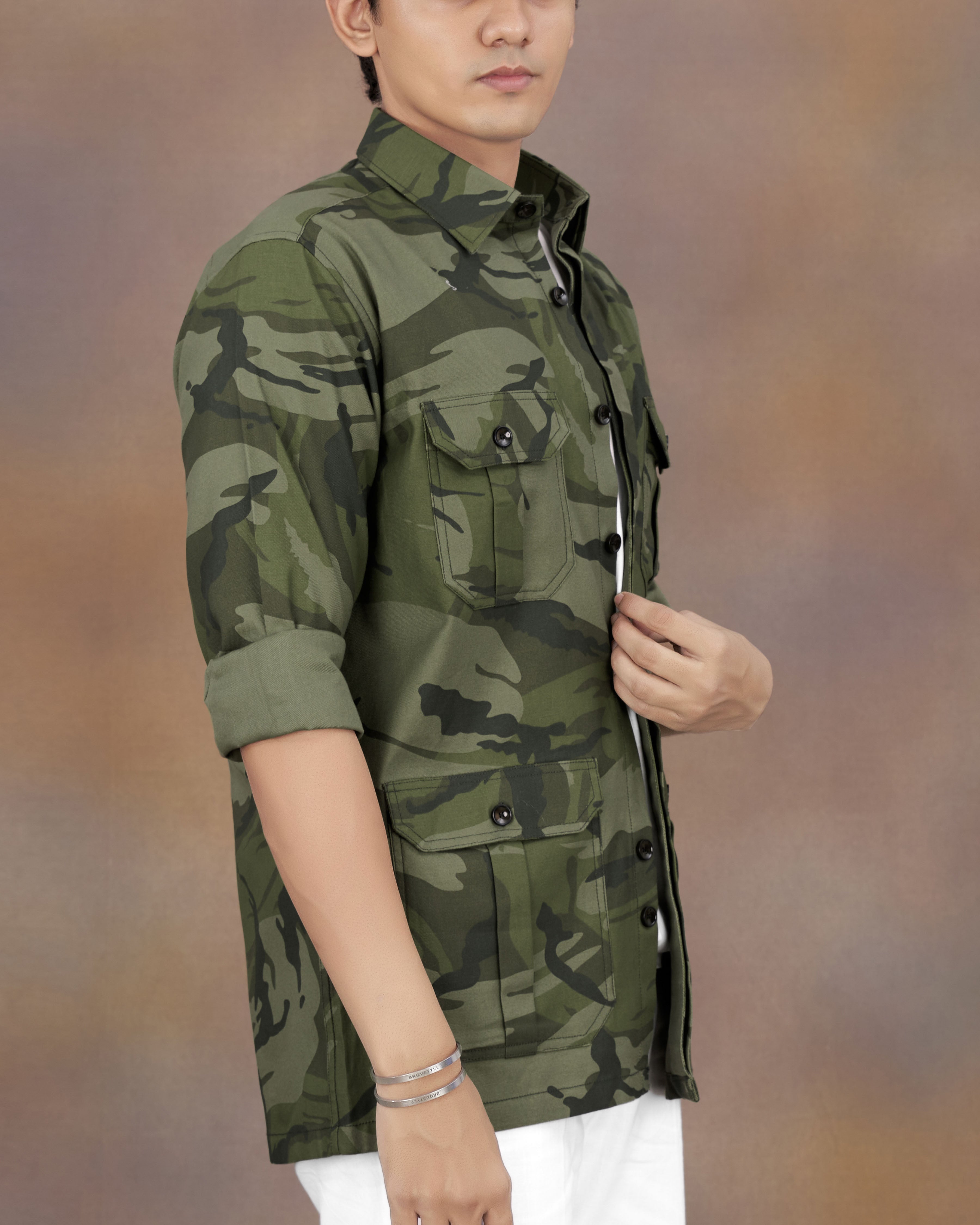Finch Green with Taupe Brown Camouflage Printed Royal Oxford Designer Overshirt/Shacket