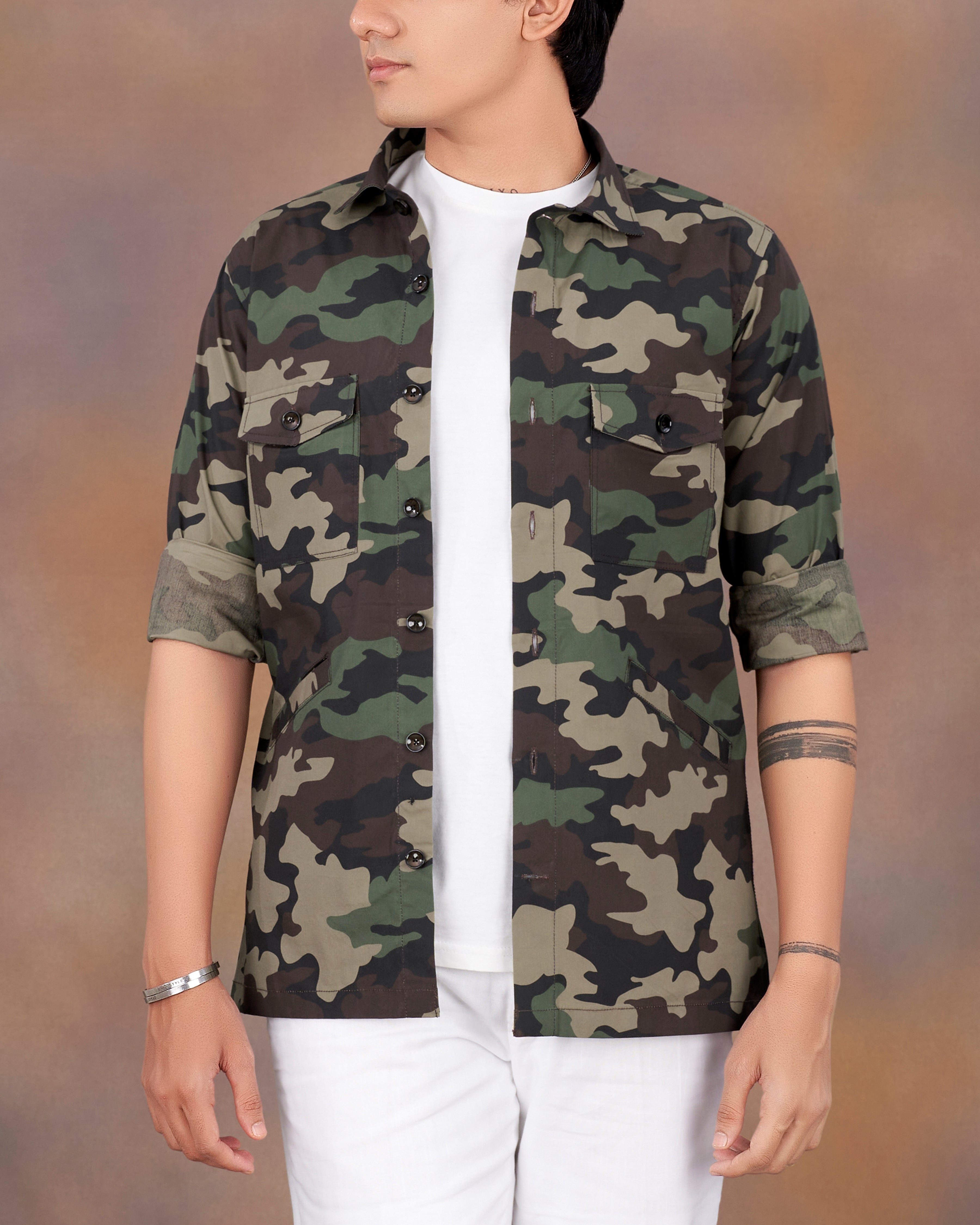 Bronco Brown with Ironside Green Camouflage Printed Royal Oxford Designer Overshirt/Shacket