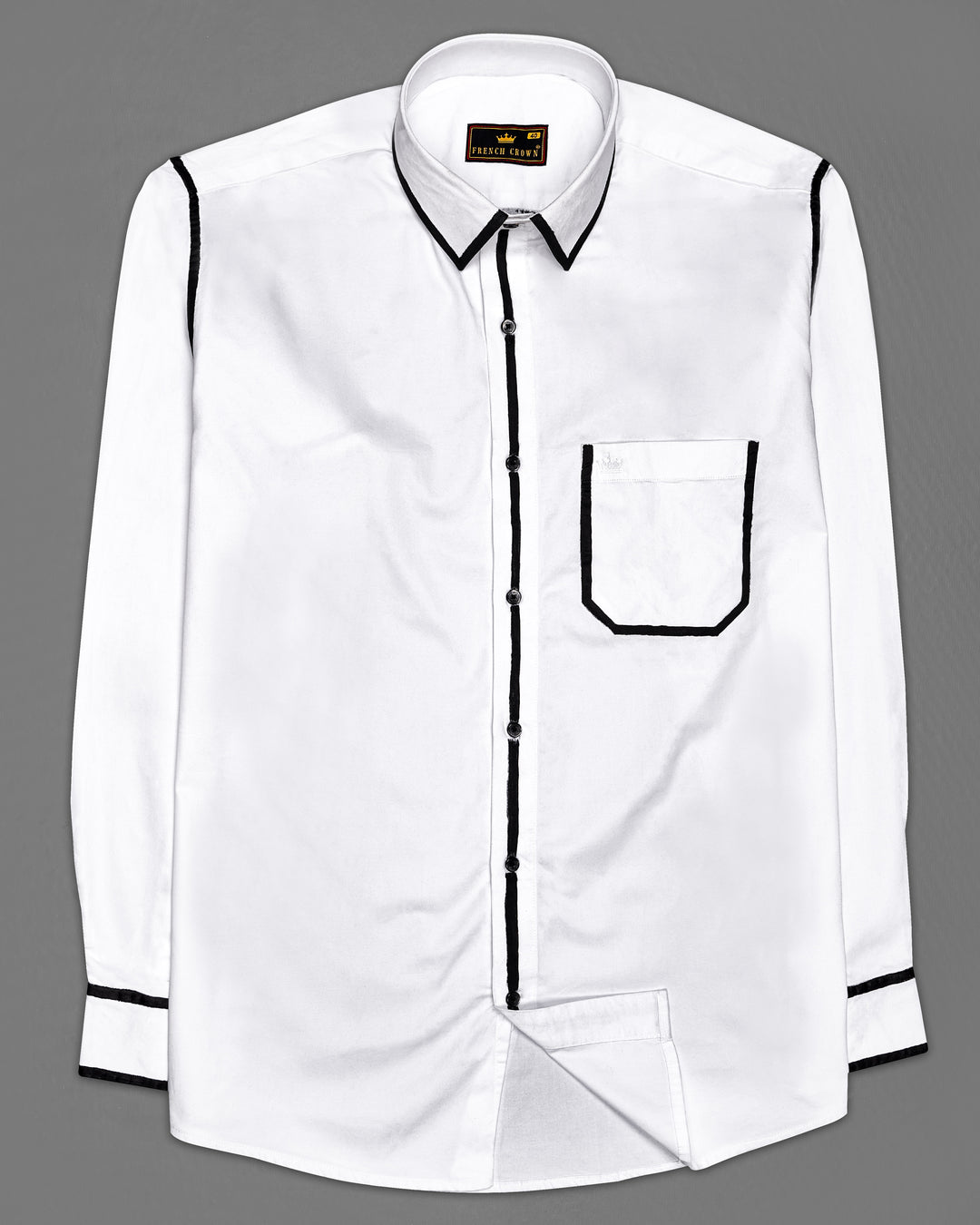 French Crown Bright White Embellished with Black Hand Casual Prints Premium Cotton Shirt For Men, 44 / XL / Full Sleeves