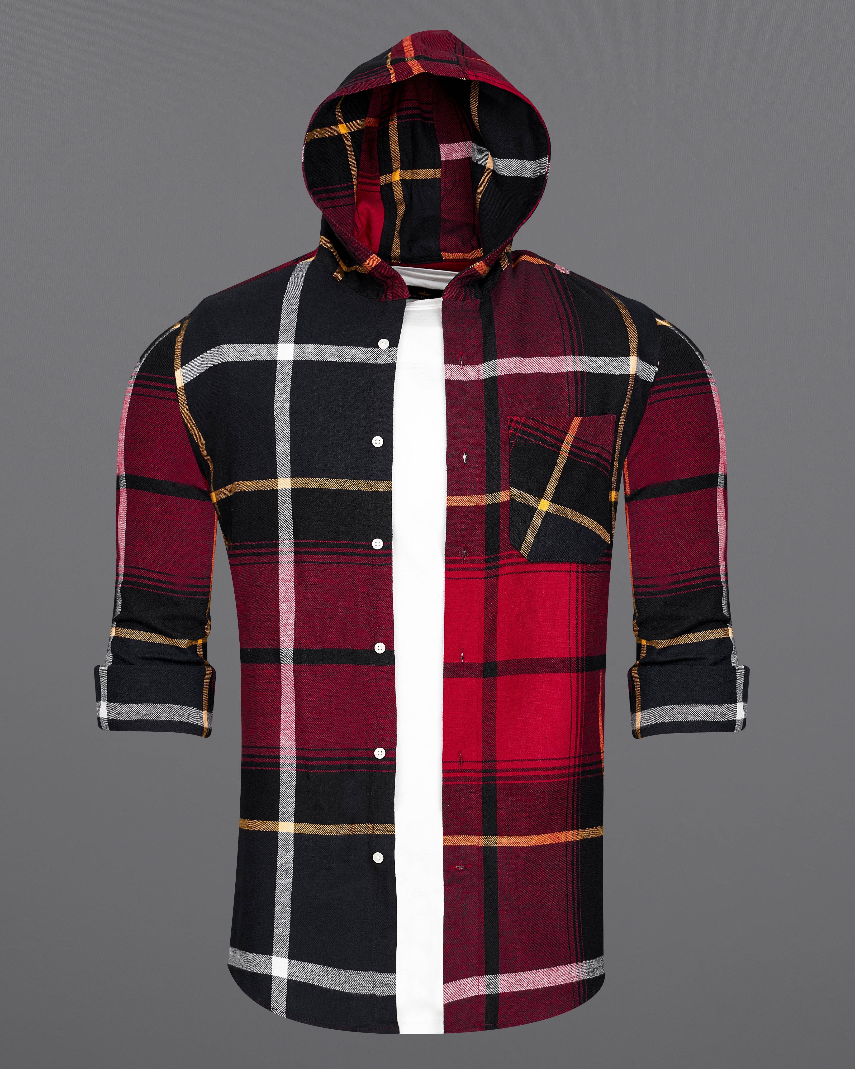 Red and black check hooded shirt on sale