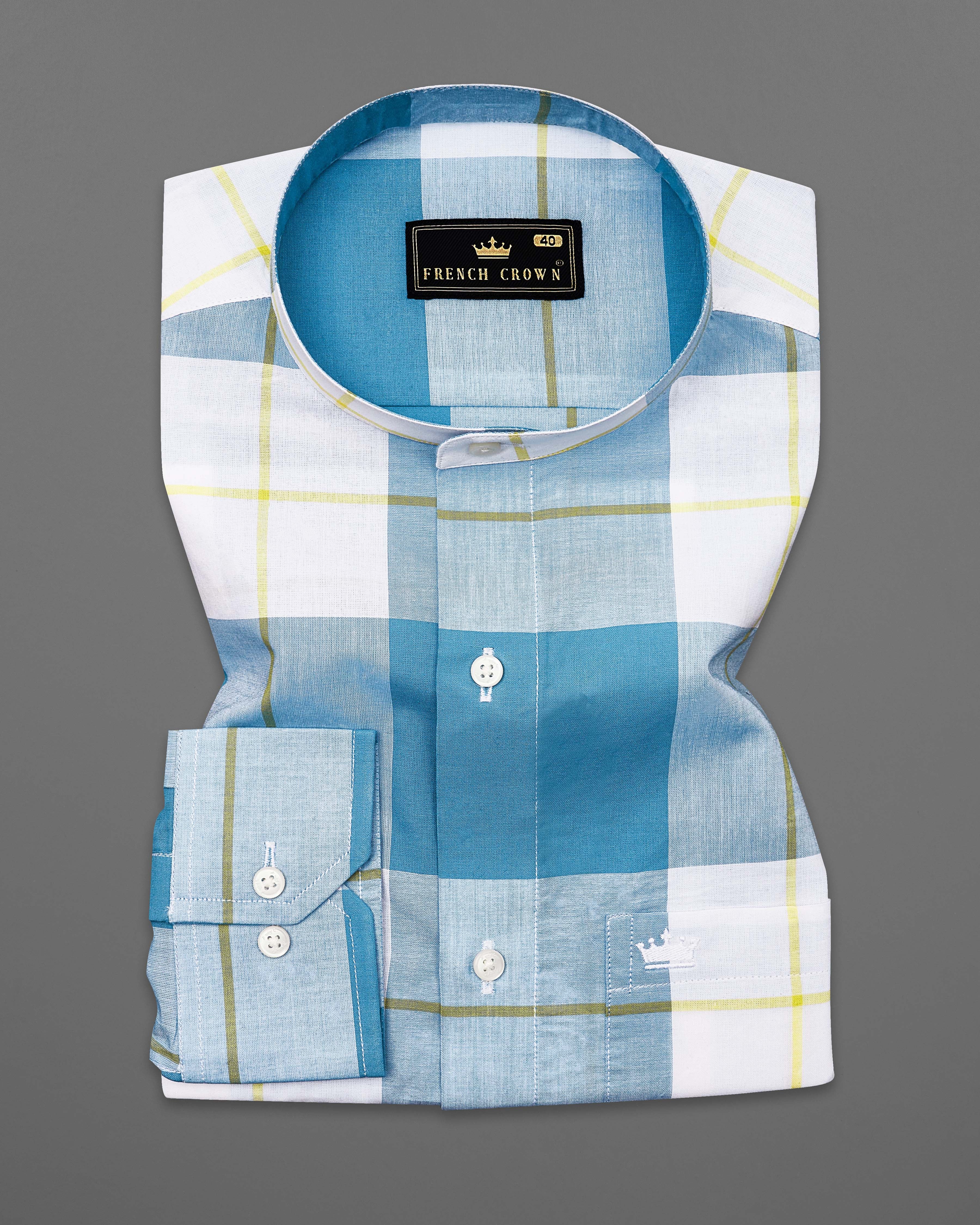 Teal Blue and White Checked Premium Cotton Shirt