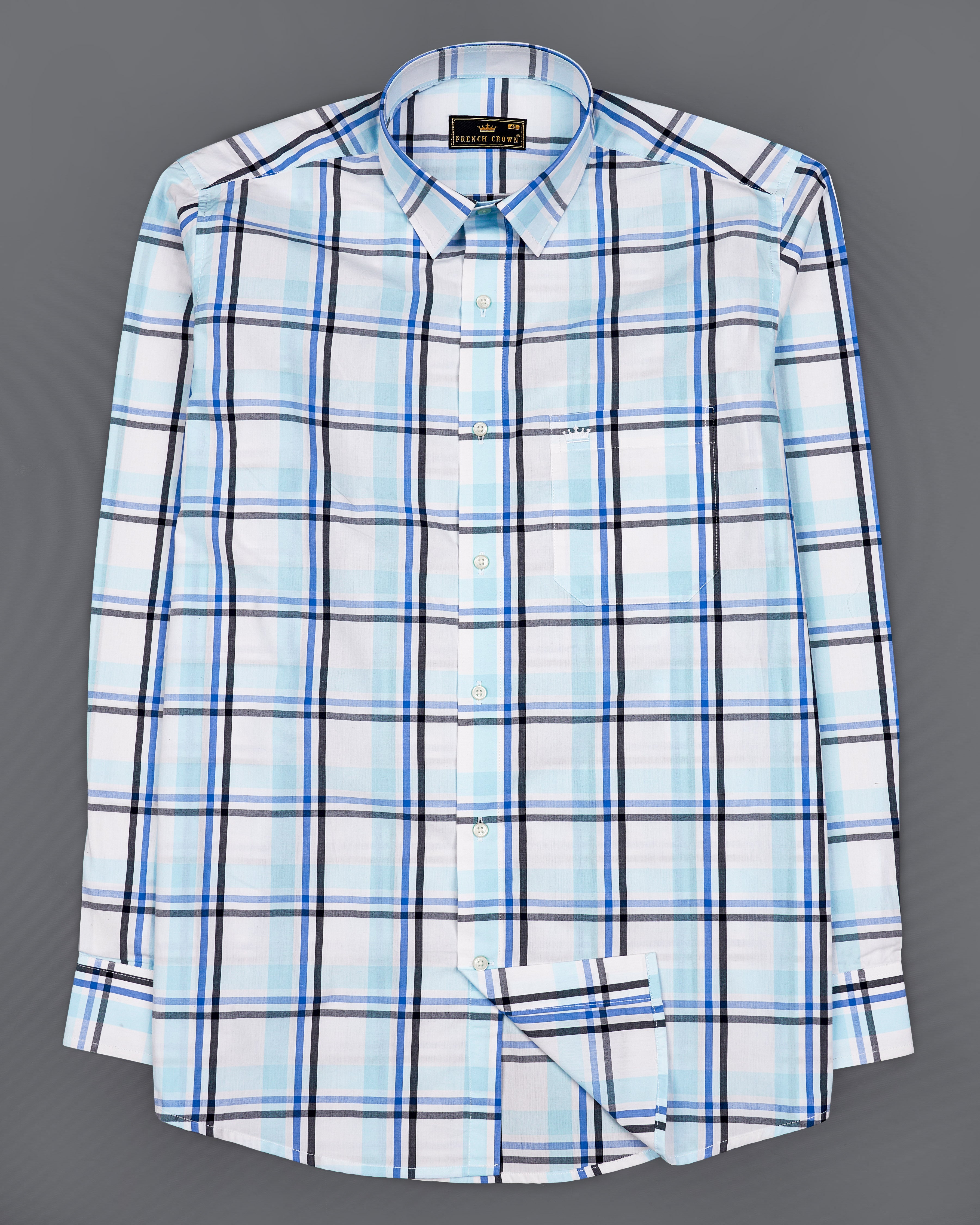 Bright White with Coral Aqua Blue and Black Plaid Premium Cotton Shirt