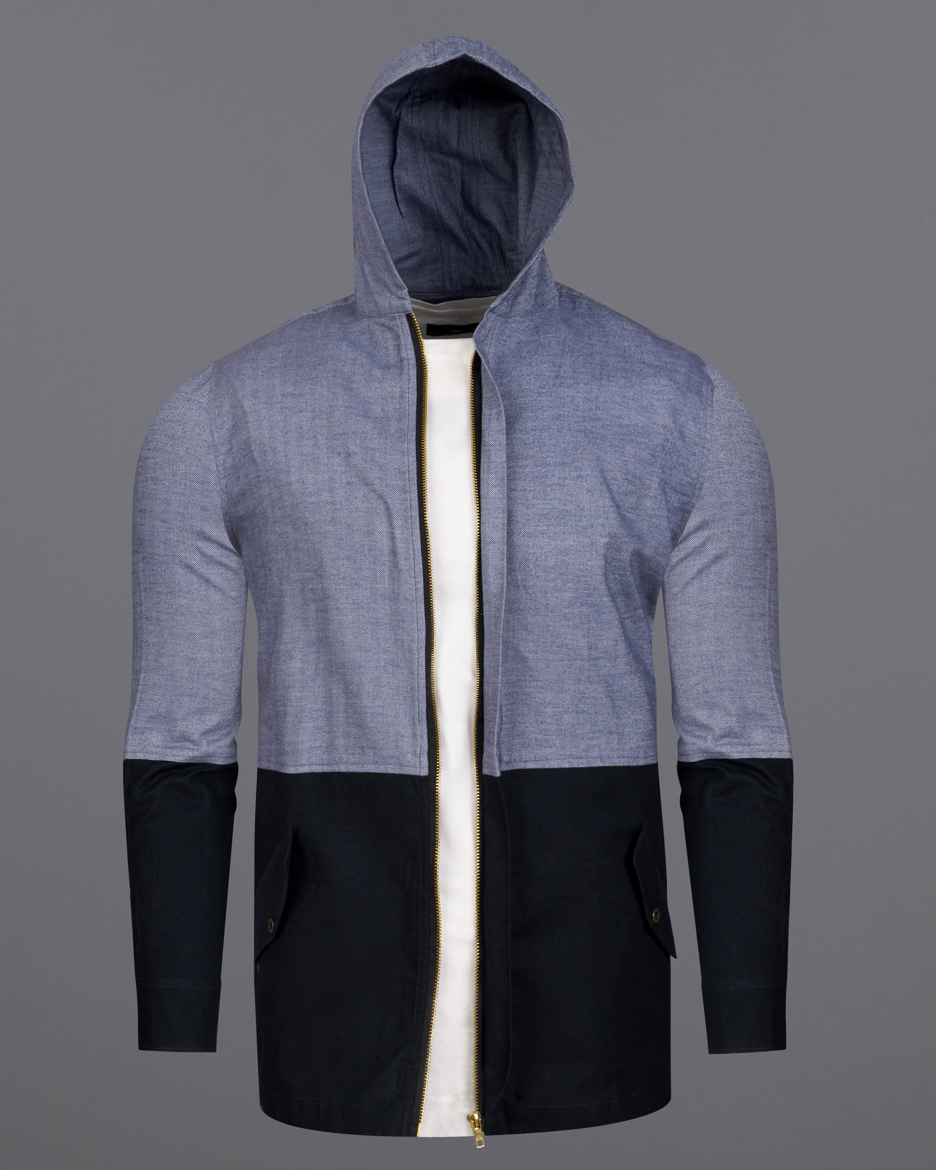 Waterloo Gray and Black Royal Oxford Designer Hoodie Shirt with Zipper Closure
