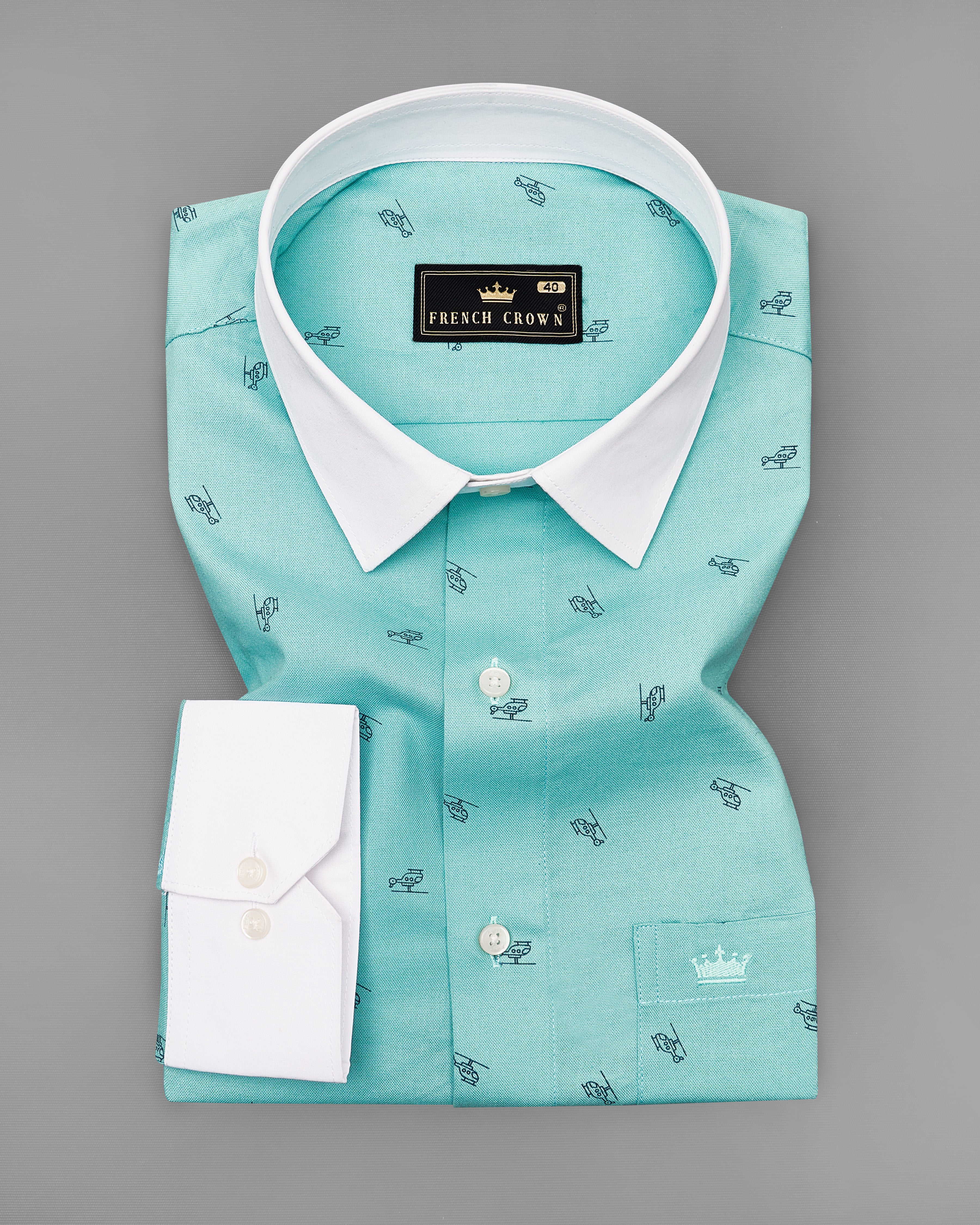 Opaque Aqua Blue Helicopter Printed Royal Oxford Shirt