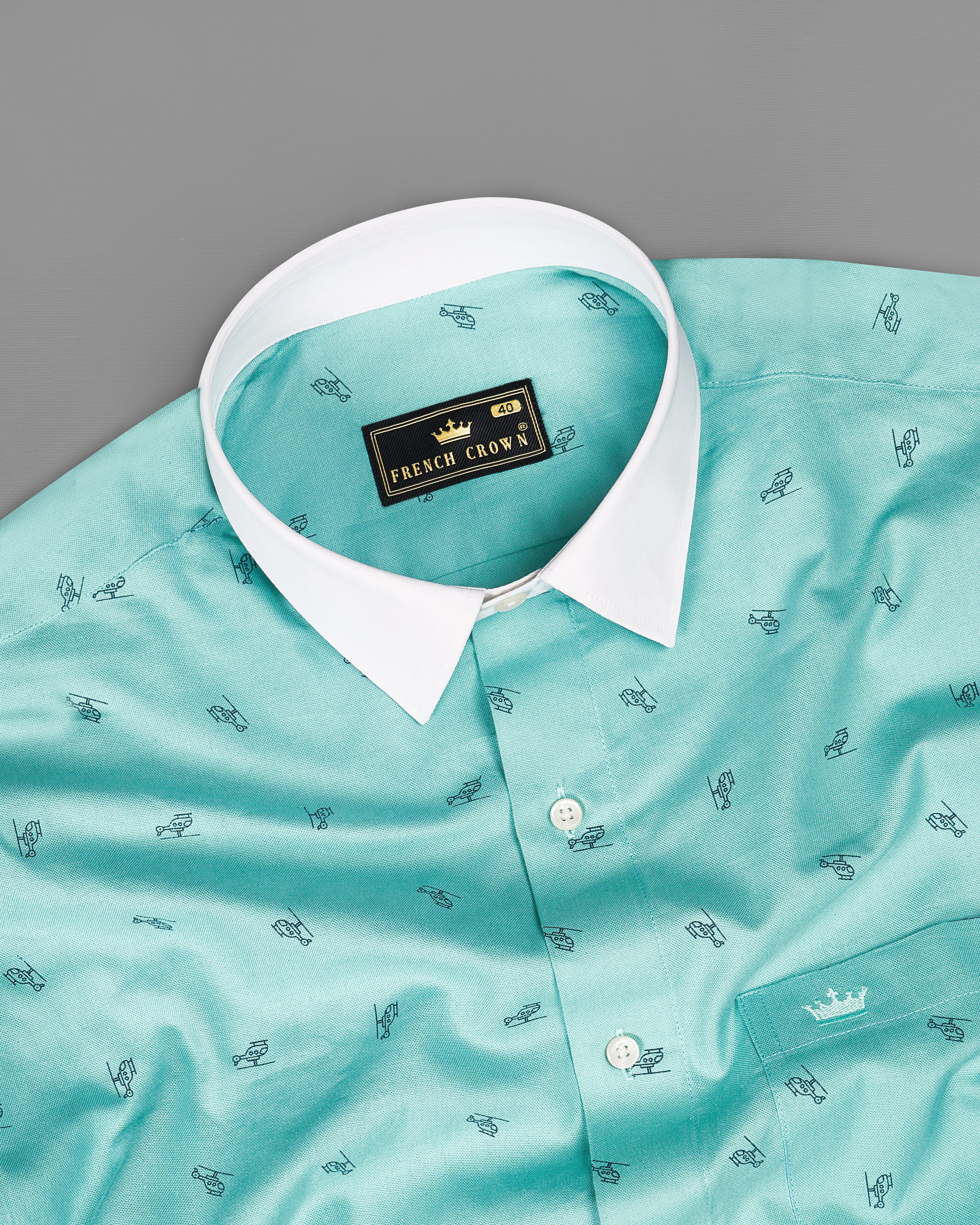 Opaque Aqua Blue Helicopter Printed Royal Oxford Shirt