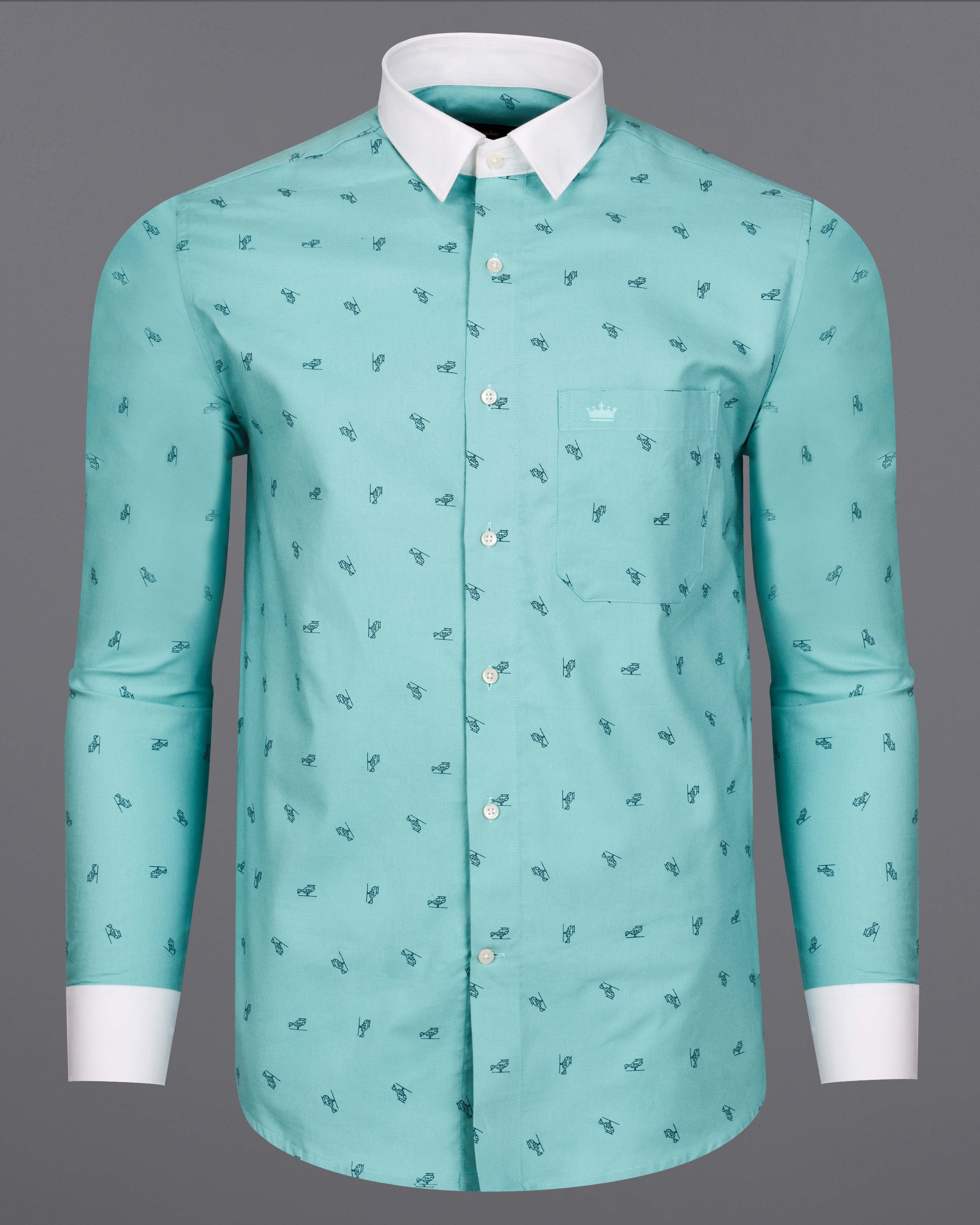 Opaque Aqua Blue Helicopter Printed Royal Oxford Shirt