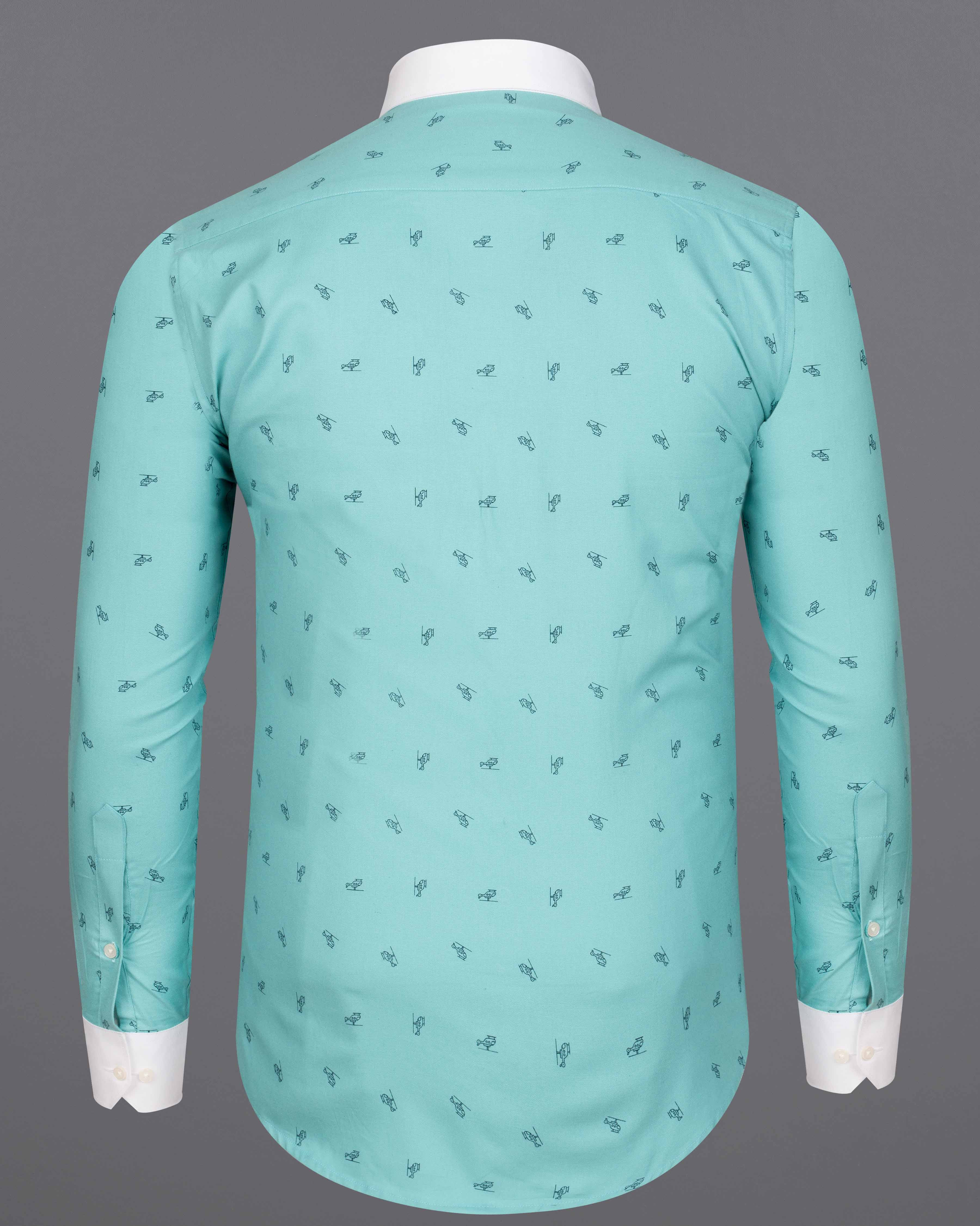 Opaque Aqua Blue Helicopter Printed Royal Oxford Shirt