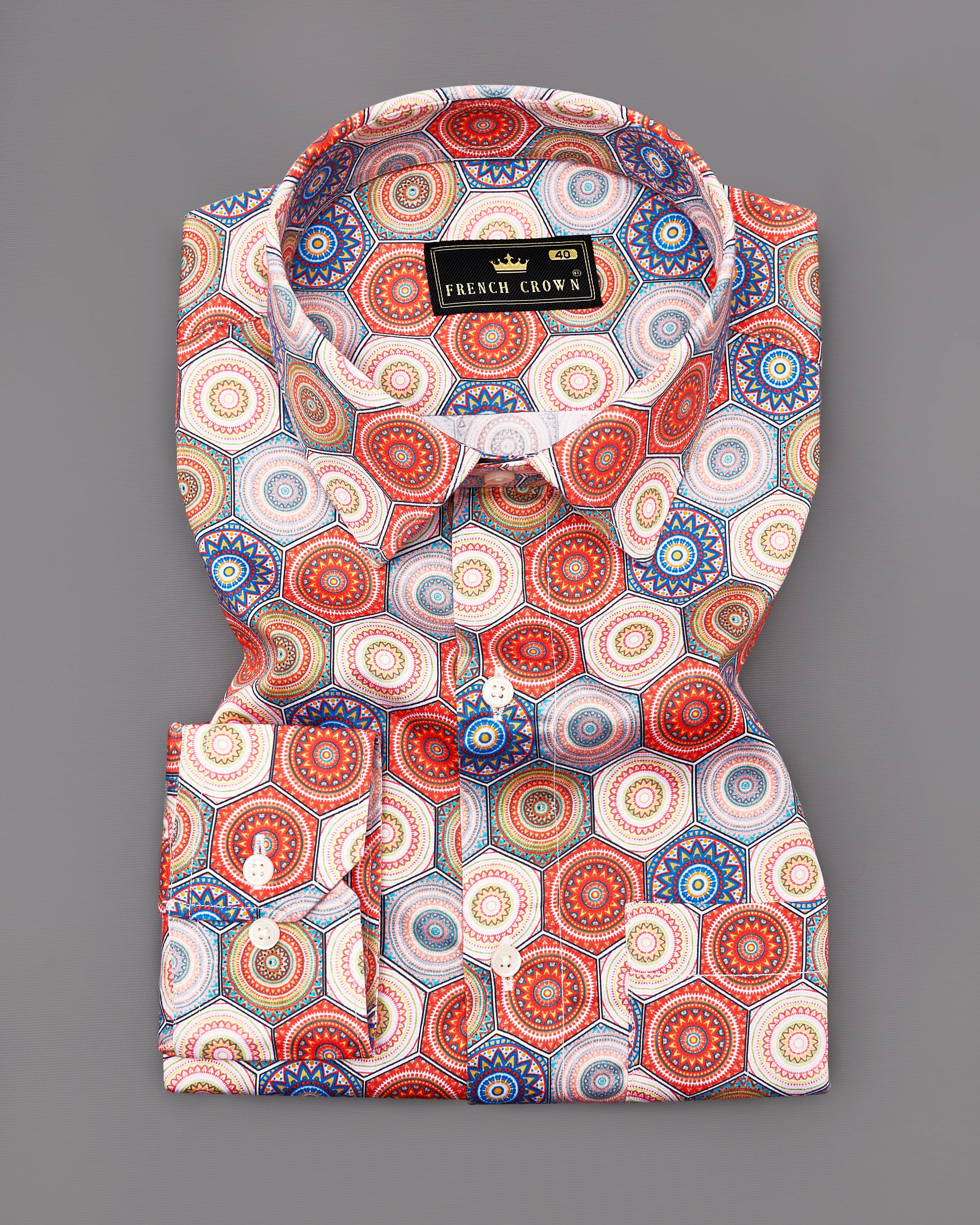 Jasper Red with Sapphire Blue Hexagonal Design Super Soft Premium Cotton Shirt 9142-38,9142-H-38,9142-39,9142-H-39,9142-40,9142-H-40,9142-42,9142-H-42,9142-44,9142-H-44,9142-46,9142-H-46,9142-48,9142-H-48,9142-50,9142-H-50,9142-52,9142-H-52