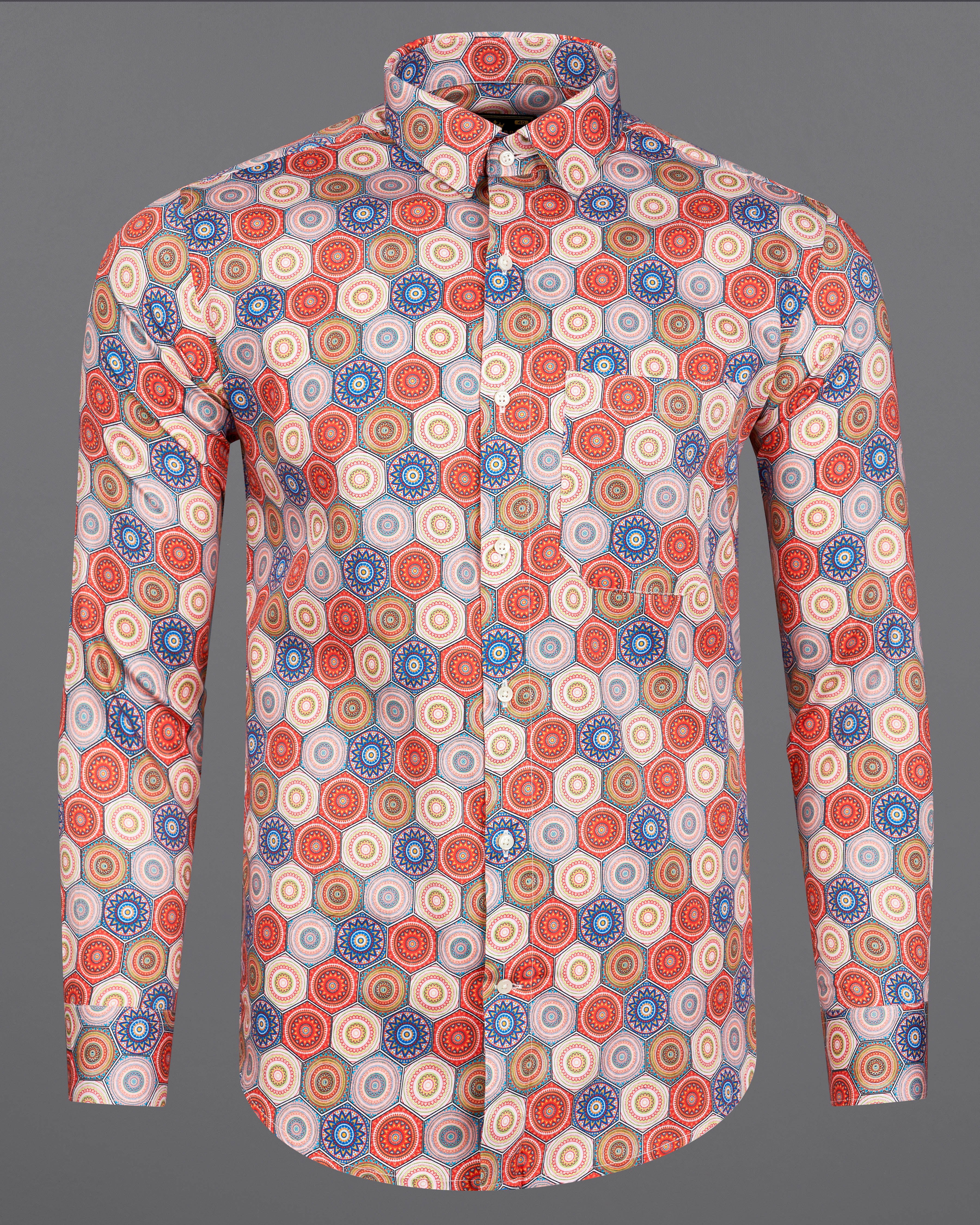 Jasper Red with Sapphire Blue Hexagonal Design Super Soft Premium Cotton Shirt 9142-38,9142-H-38,9142-39,9142-H-39,9142-40,9142-H-40,9142-42,9142-H-42,9142-44,9142-H-44,9142-46,9142-H-46,9142-48,9142-H-48,9142-50,9142-H-50,9142-52,9142-H-52\