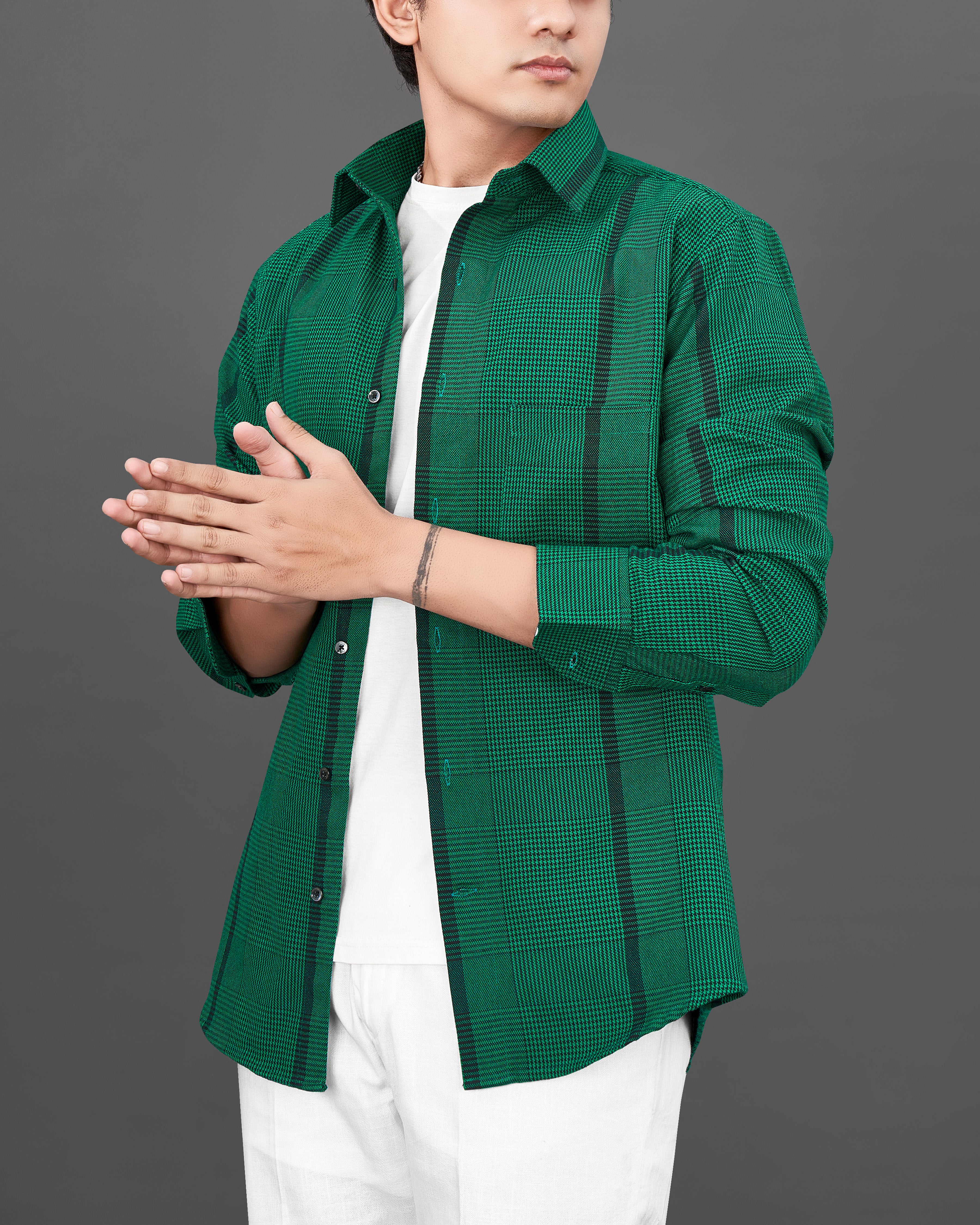 Spruce Green with Black Houndstooth Textured Overshirt/Shacket
