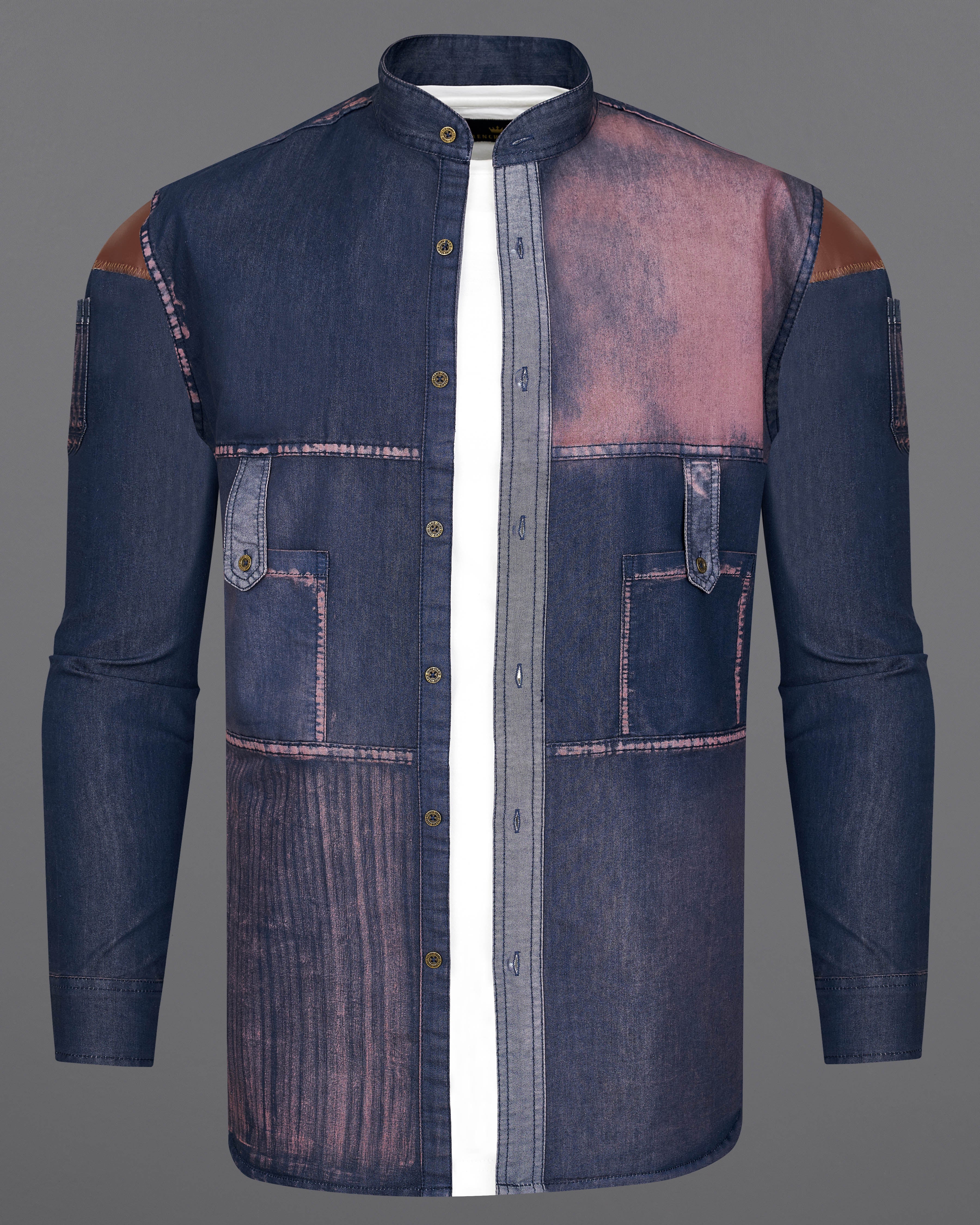 Bunting Blue with Opium Rusted Denim Designer Shirt With Leather Patch Work