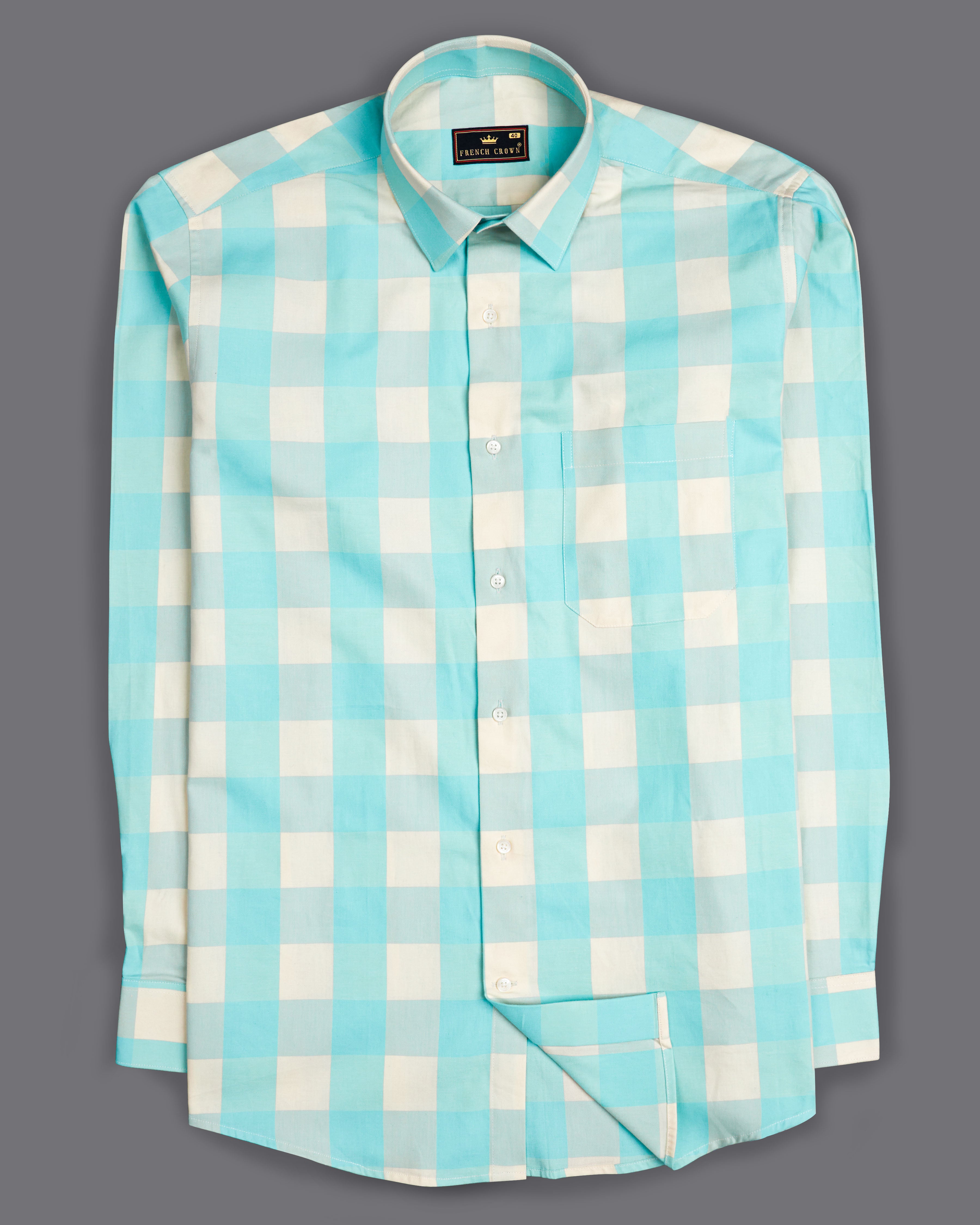 Pearl Aqua Blue with Off White Twill Checked Premium Cotton Shirt