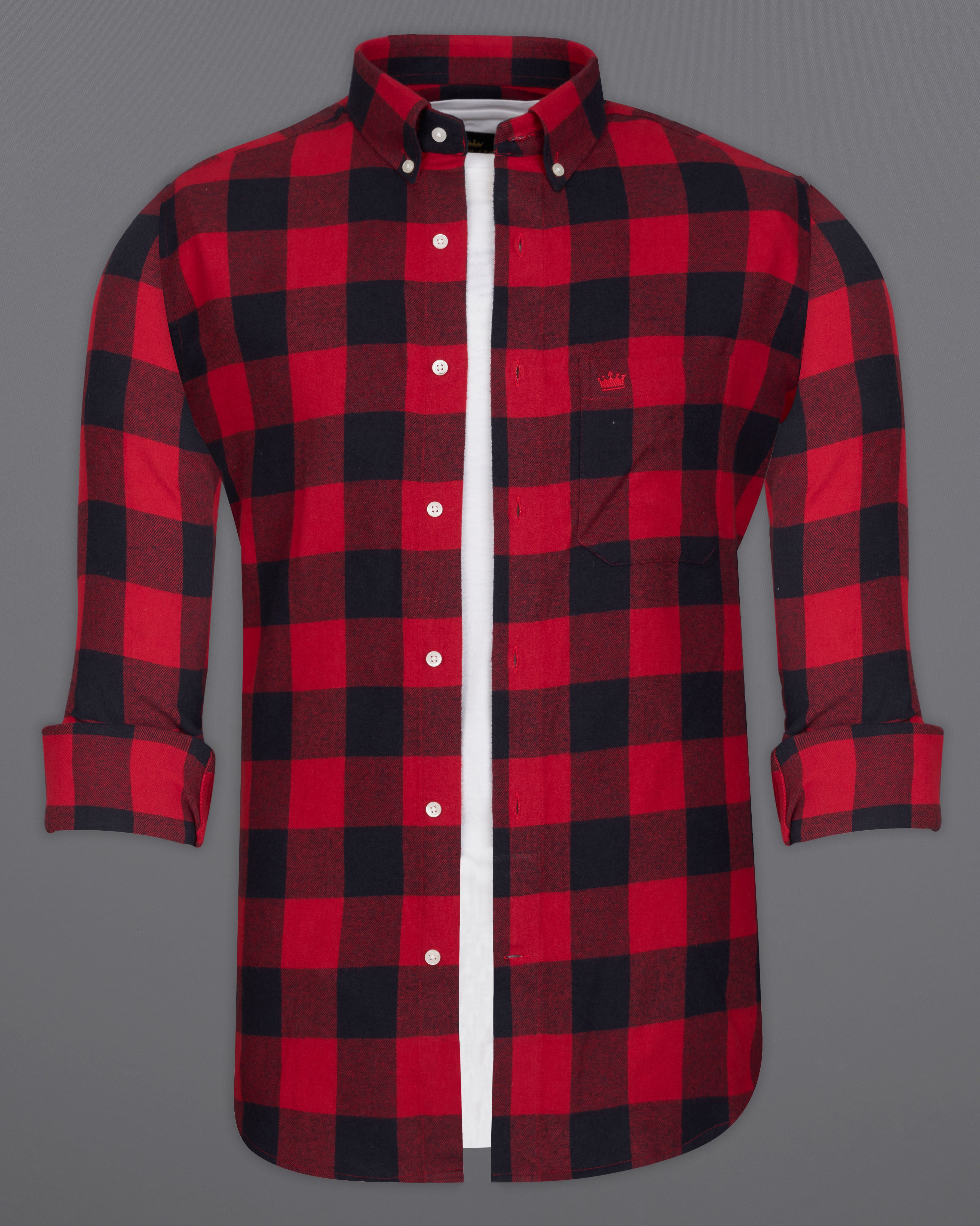 Carmine Red and Black Checked Flannel Overshirt/Shacket