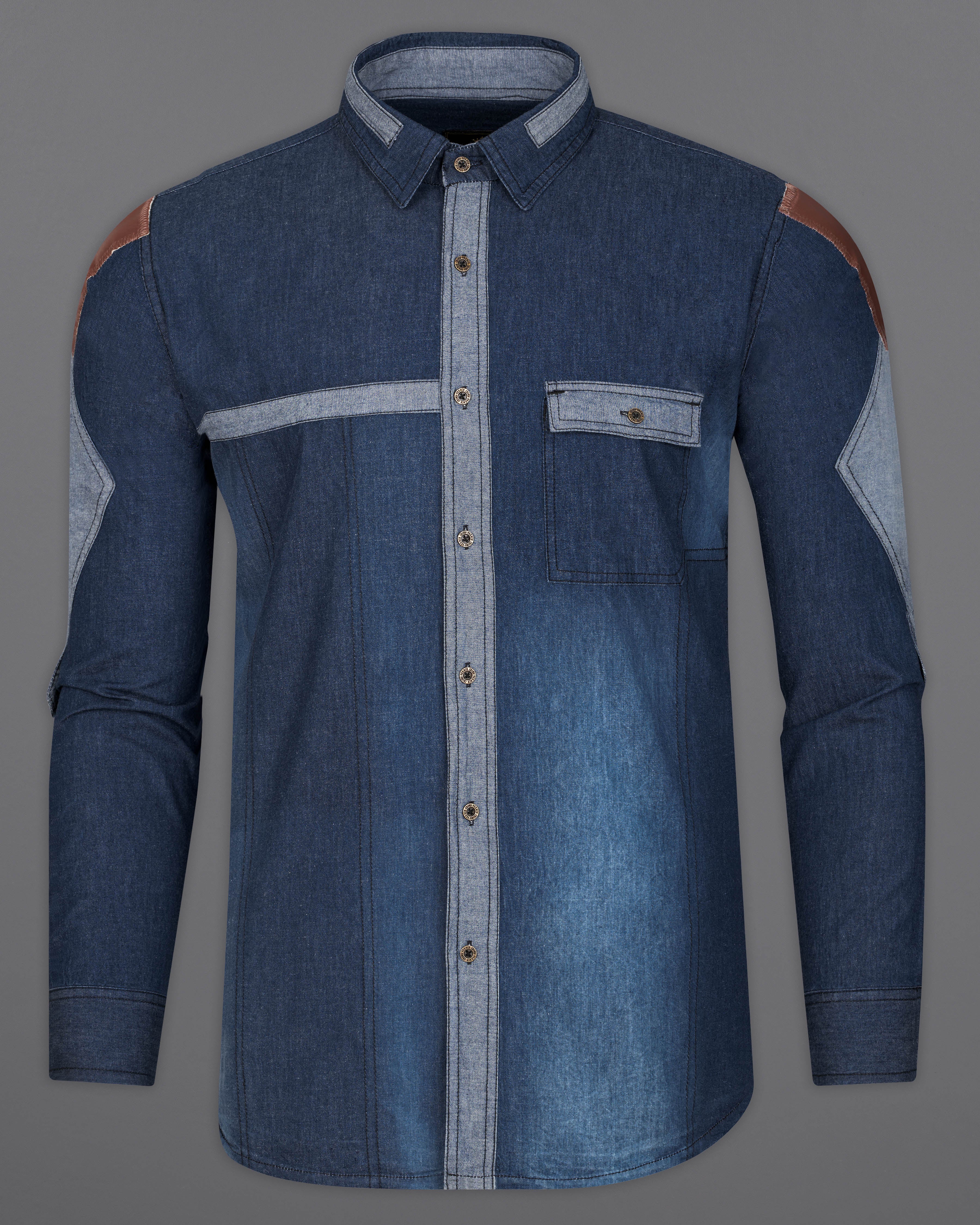 Firefly Blue Chambray Designer Overhirt with Brown Patchwork 9468-MB-38, 9468-MB-H-38, 9468-MB-39, 9468-MB-H-39, 9468-MB-40, 9468-MB-H-40, 9468-MB-42, 9468-MB-H-42, 9468-MB-44, 9468-MB-H-44, 9468-MB-46, 9468-MB-H-46, 9468-MB-48, 9468-MB-H-48, 9468-MB-50, 9468-MB-H-50, 9468-MB-52, 9468-MB-H-52