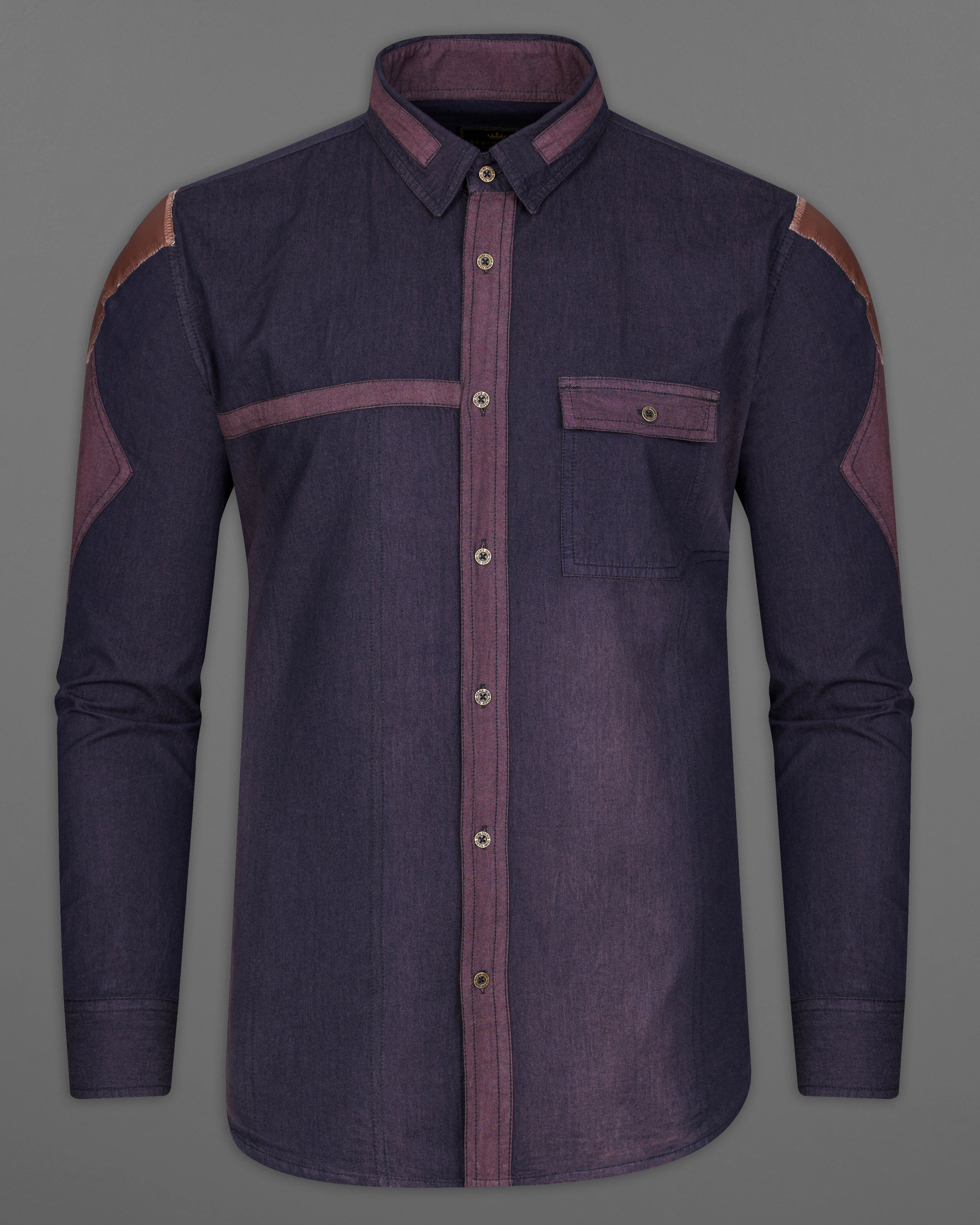 Thunder Purple Chambray Designer Overshirt with Brown Patchwork 9470-MB-38, 9470-MB-H-38, 9470-MB-39, 9470-MB-H-39, 9470-MB-40, 9470-MB-H-40, 9470-MB-42, 9470-MB-H-42, 9470-MB-44, 9470-MB-H-44, 9470-MB-46, 9470-MB-H-46, 9470-MB-48, 9470-MB-H-48, 9470-MB-50, 9470-MB-H-50, 9470-MB-52, 9470-MB-H-52