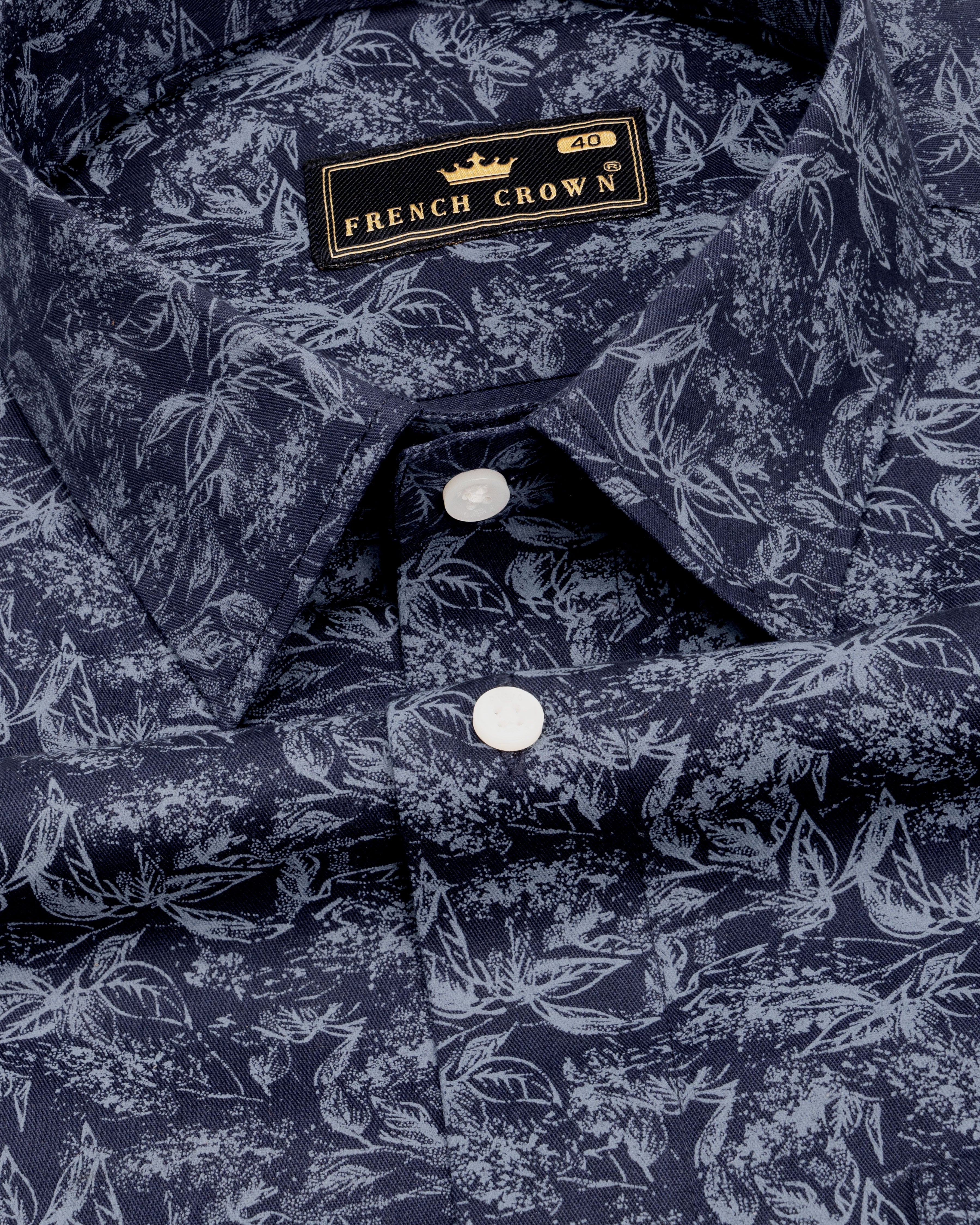 Martinique Blue with Amethyst Smoke Gray Floral Printed Twill Premium Cotton Shirt