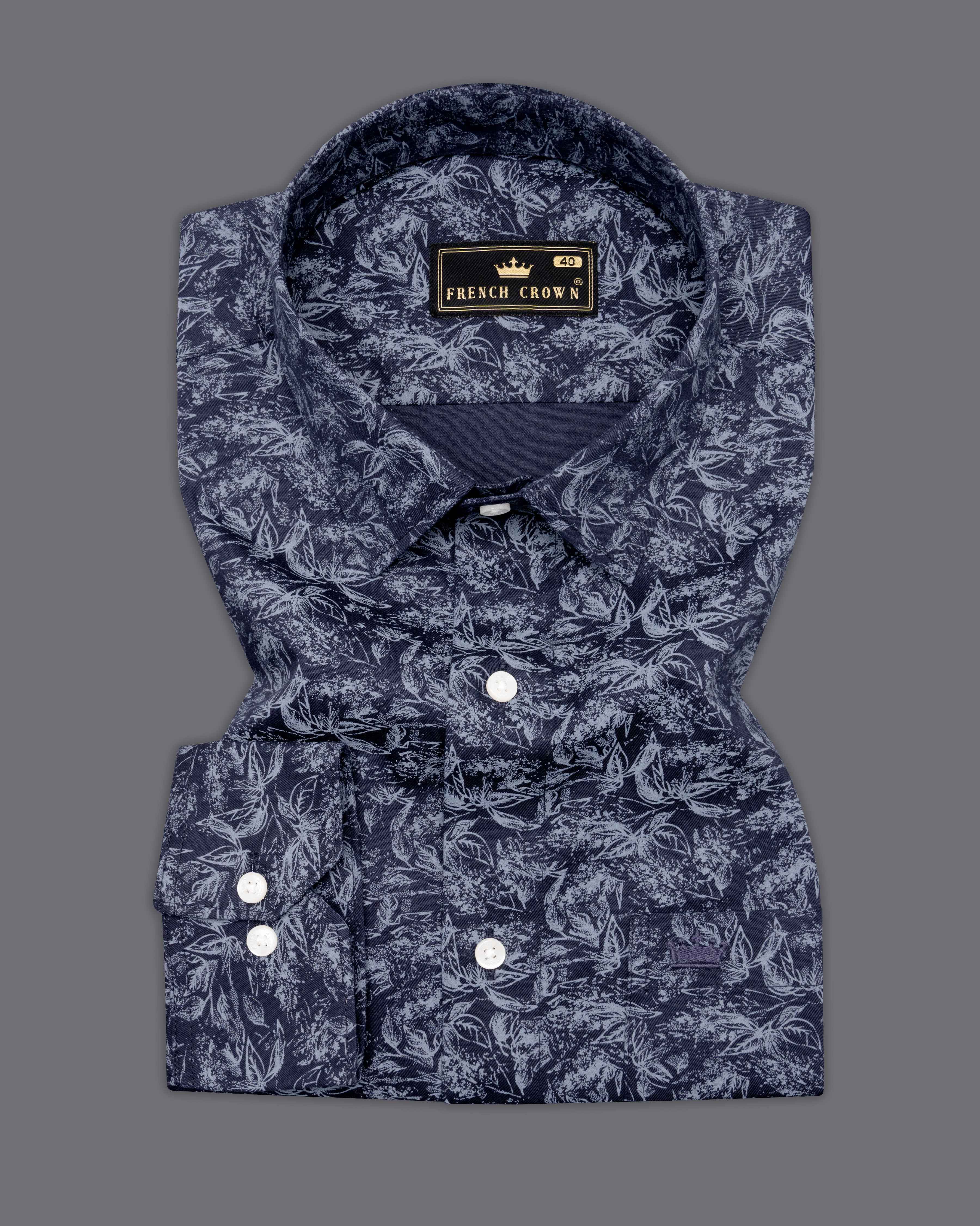Martinique Blue with Amethyst Smoke Gray Floral Printed Twill Premium Cotton Shirt
