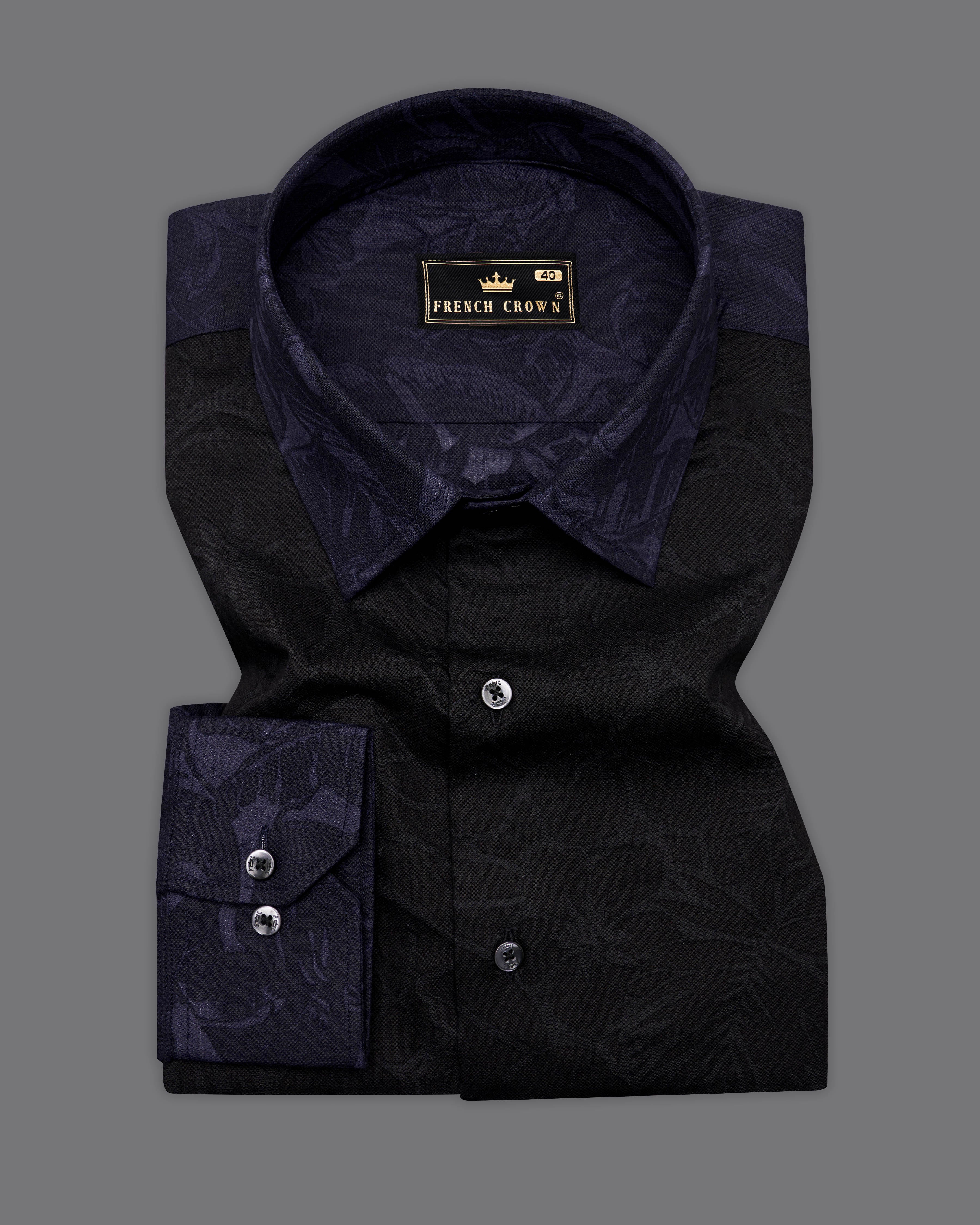 Jade Black And Navy Blue Leaves Textured Jacquard Giza Cotton Designer Shirt 9610-BLK-P475-38,9610-BLK-P475-H-38,9610-BLK-P475-39,9610-BLK-P475-H-39,9610-BLK-P475-40,9610-BLK-P475-H-40,9610-BLK-P475-42,9610-BLK-P475-H-42,9610-BLK-P475-44,9610-BLK-P475-H-44,9610-BLK-P475-46,9610-BLK-P475-H-46,9610-BLK-P475-48,9610-BLK-P475-H-48,9610-BLK-P475-50,9610-BLK-P475-H-50,9610-BLK-P475-52,9610-BLK-P475-H-52