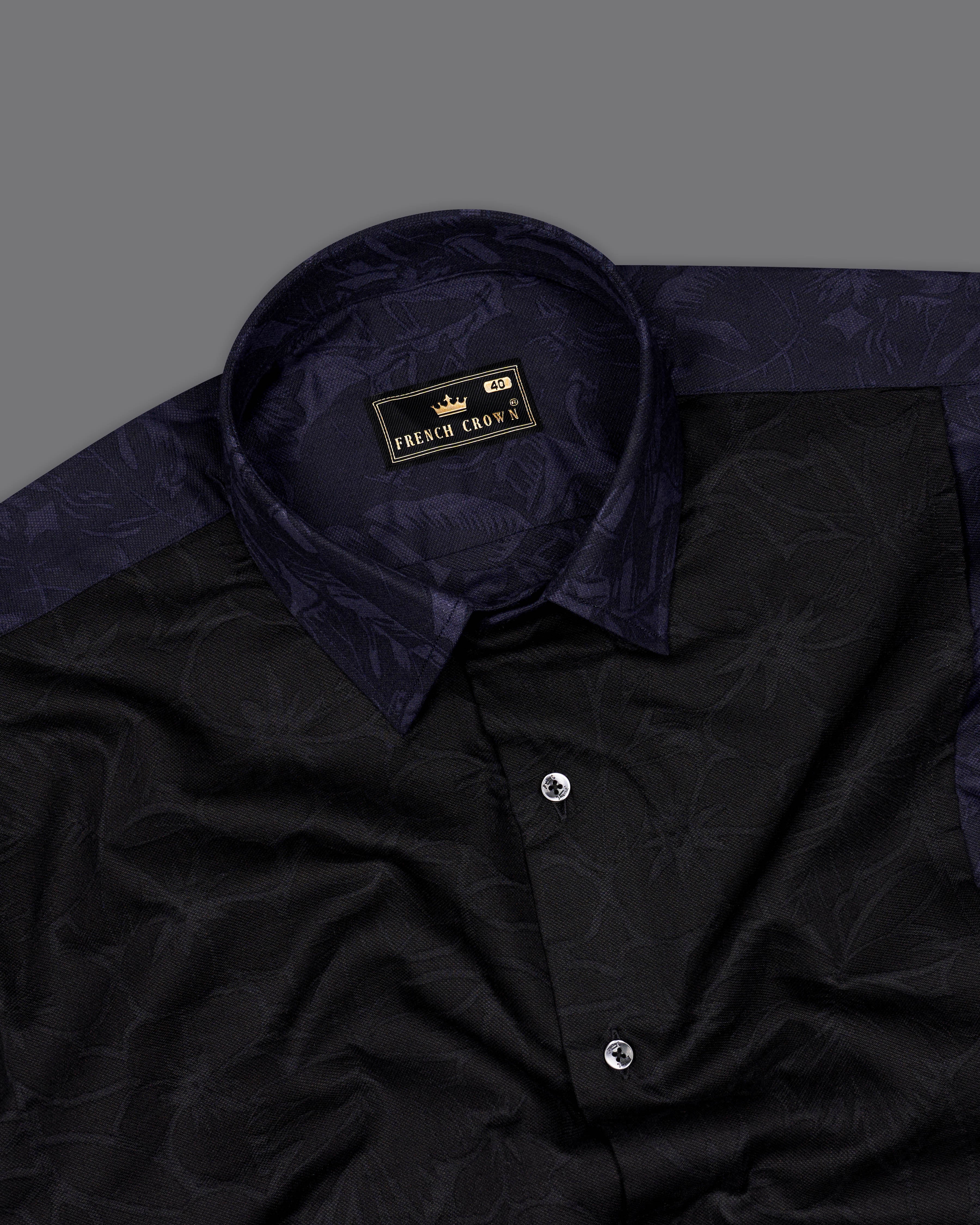 Jade Black And Navy Blue Leaves Textured Jacquard Giza Cotton Designer Shirt 9610-BLK-P475-38,9610-BLK-P475-H-38,9610-BLK-P475-39,9610-BLK-P475-H-39,9610-BLK-P475-40,9610-BLK-P475-H-40,9610-BLK-P475-42,9610-BLK-P475-H-42,9610-BLK-P475-44,9610-BLK-P475-H-44,9610-BLK-P475-46,9610-BLK-P475-H-46,9610-BLK-P475-48,9610-BLK-P475-H-48,9610-BLK-P475-50,9610-BLK-P475-H-50,9610-BLK-P475-52,9610-BLK-P475-H-52