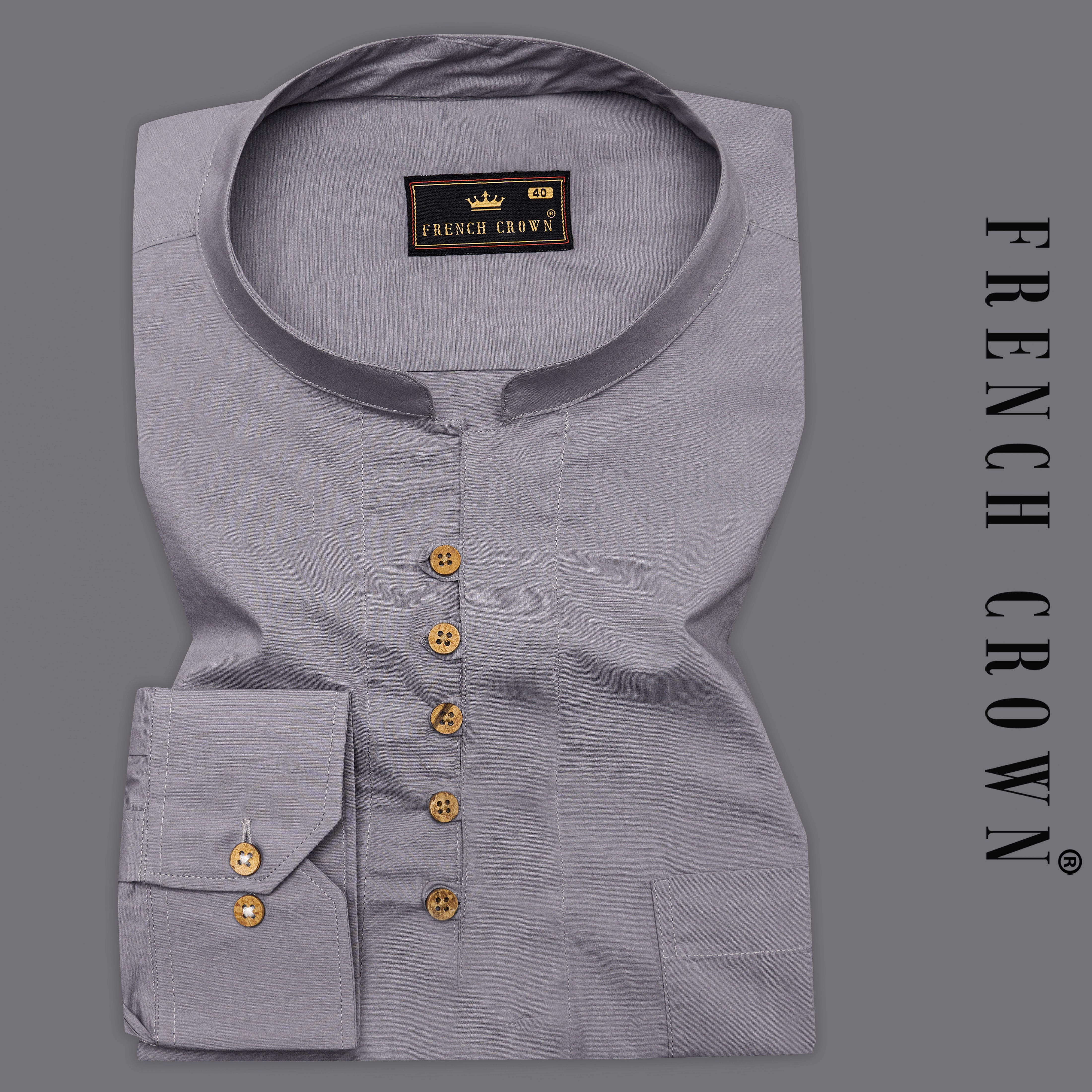 Venus Gray Plain-Solid Premium Cotton Indian Kurta Style Shirt For