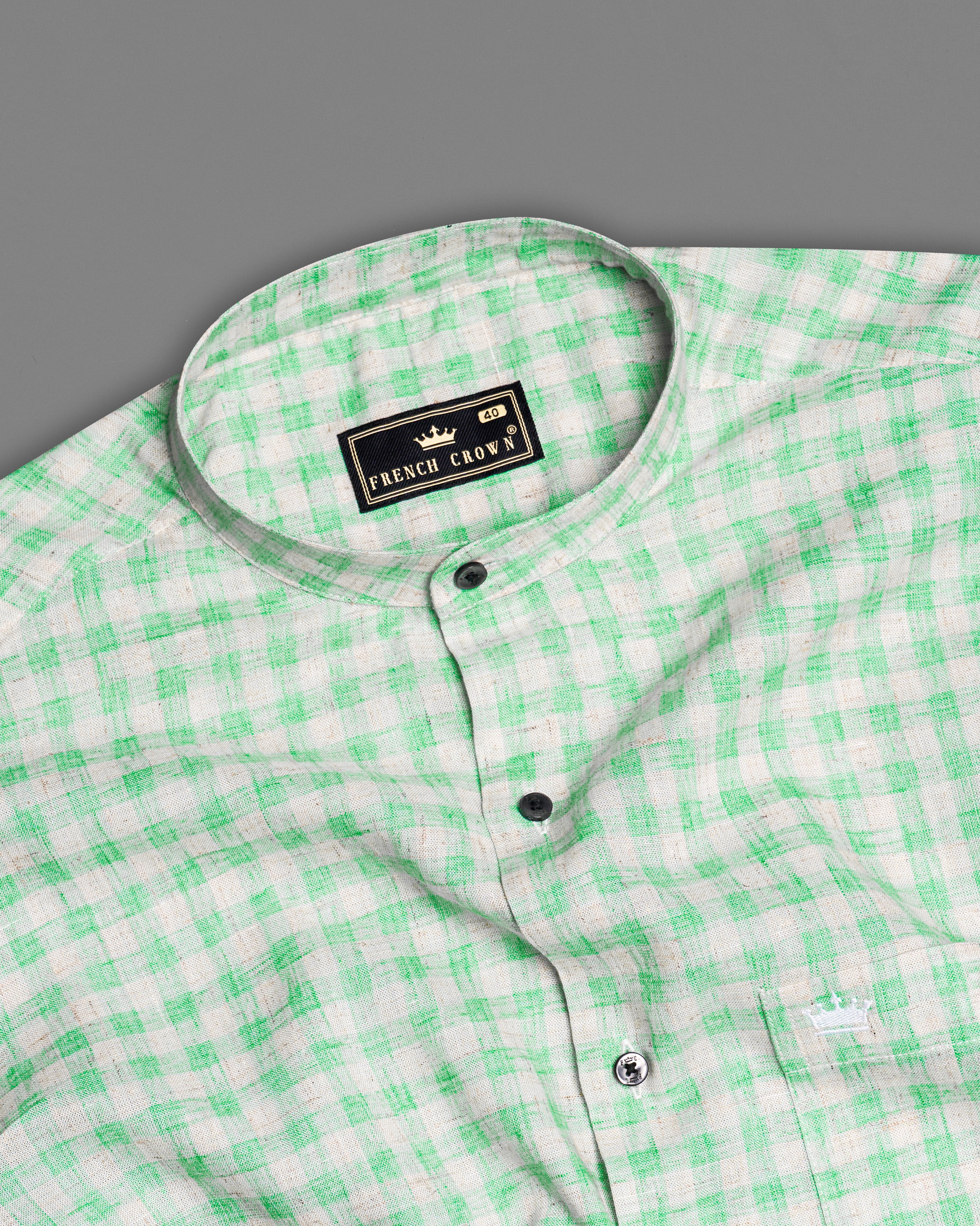 Turquoise Green with Mercury Gray Checkered Luxurious Linen Half Slavees Shirt 9644-M-BLK-SS-H-38, 9644-M-BLK-SS-H-39, 9644-M-BLK-SS-H-40, 9644-M-BLK-SS-H-42, 9644-M-BLK-SS-H-44, 9644-M-BLK-SS-H-46, 9644-M-BLK-SS-H-48, 9644-M-BLK-SS-H-50, 9644-M-BLK-SS-H-52