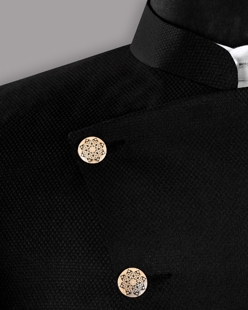 Jade black Diamond Textured Cross Placket Bandhgala/Mandarin Wool-Silk blend Blazer