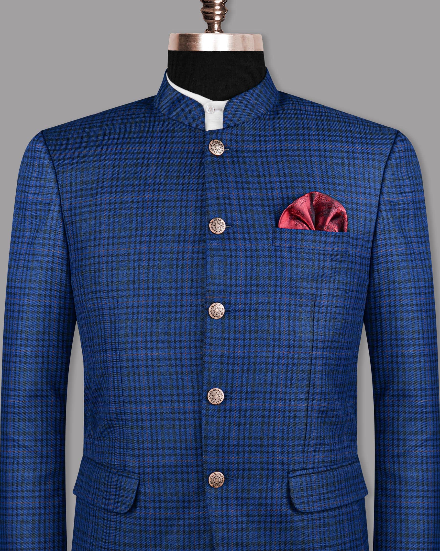 Astronaut Blue with Black Plaid Bandhgala/Mandarin Blazer BL1112-BG-36, BL1112-BG-38, BL1112-BG-42, BL1112-BG-48, BL1112-BG-50, BL1112-BG-52, BL1112-BG-46, BL1112-BG-54, BL1112-BG-56, BL1112-BG-58, BL1112-BG-40, BL1112-BG-44, BL1112-BG-60