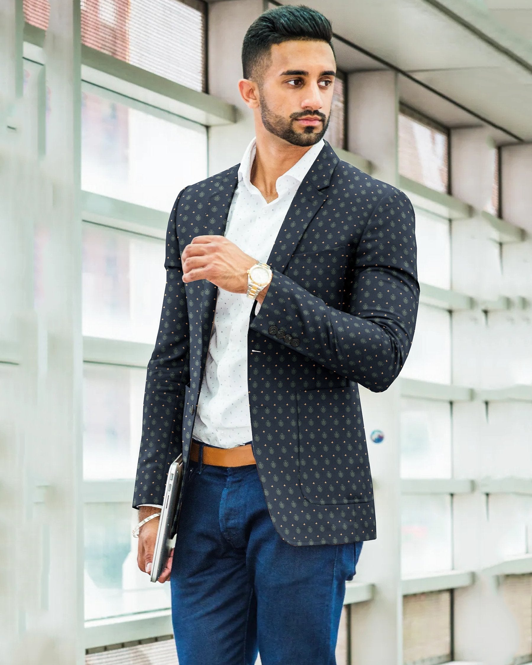 Navy with Green Butta Print Super Soft Designer Blazer