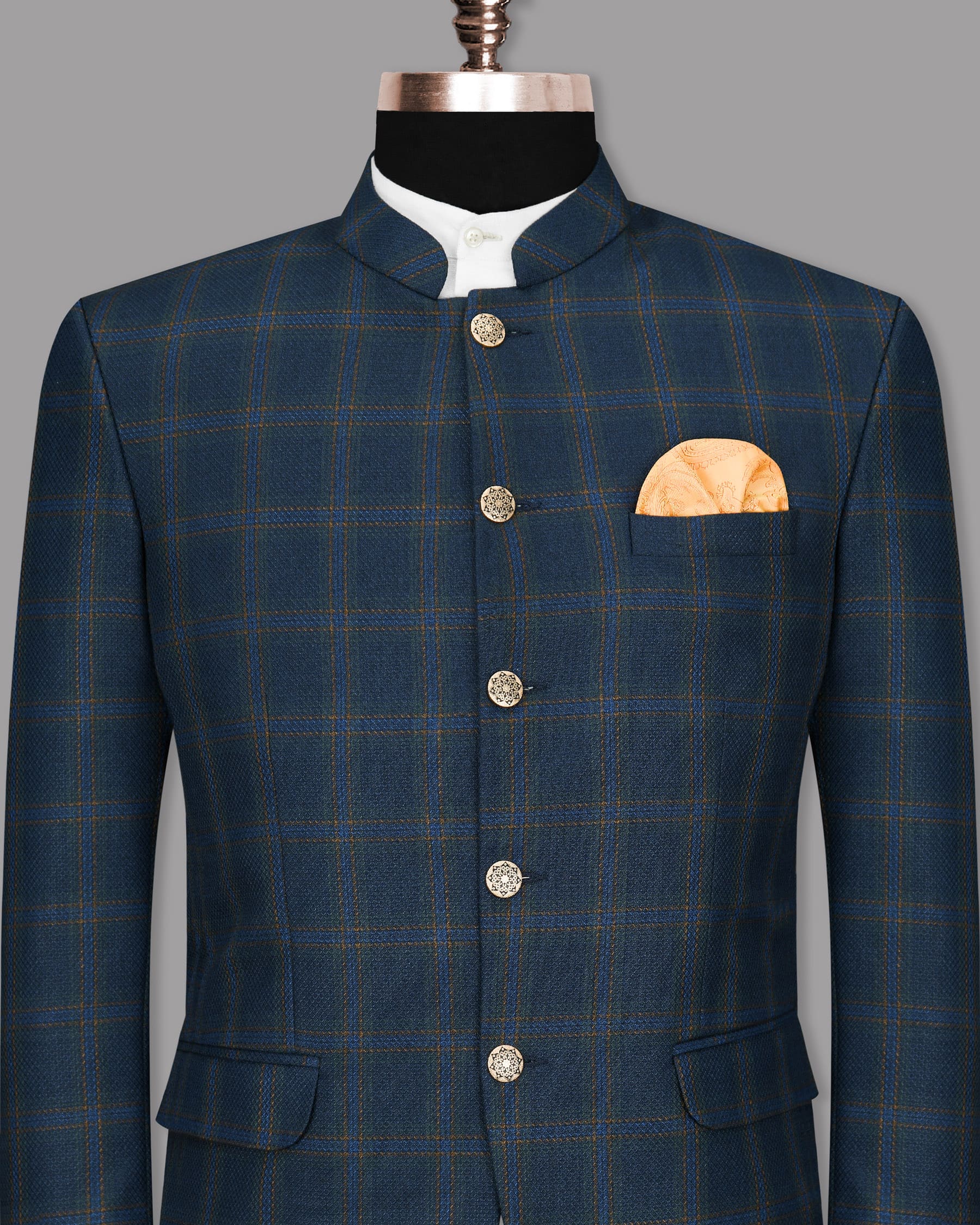 Roman Coffee with Astronaut Blue Wool Rich Windowpane Bandhgala/Mandarin Blazer BL1138-BG-36, BL1138-BG-38, BL1138-BG-54, BL1138-BG-56, BL1138-BG-58, BL1138-BG-60, BL1138-BG-40, BL1138-BG-42, BL1138-BG-44, BL1138-BG-46, BL1138-BG-50, BL1138-BG-52, BL1138-BG-48