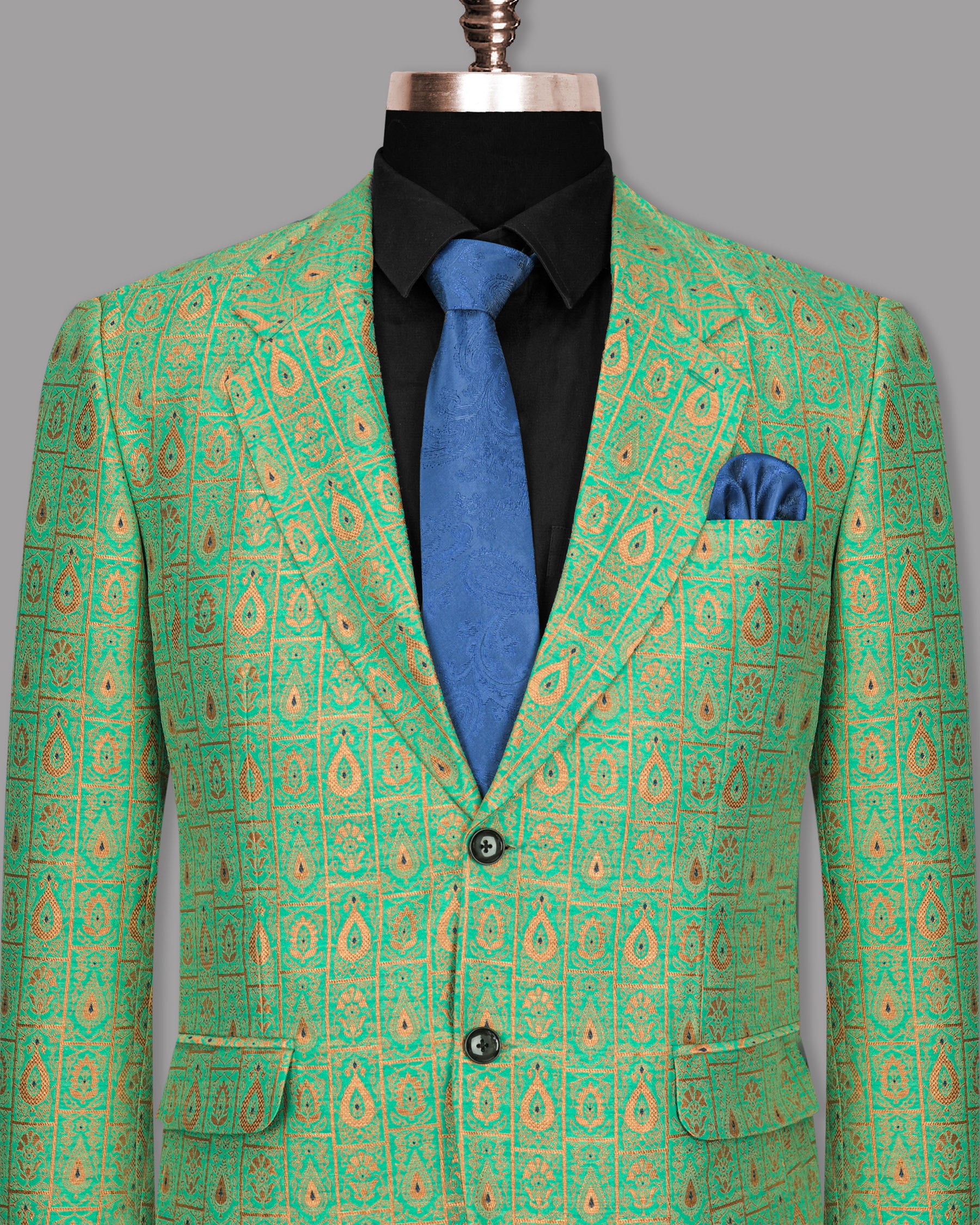 Bay Leaf Green with Golden Ancient Art Jacquard Patterned Designer Blazer BL1154-SB-36, BL1154-SB-38, BL1154-SB-40, BL1154-SB-42, BL1154-SB-44, BL1154-SB-46, BL1154-SB-48, BL1154-SB-50, BL1154-SB-52, BL1154-SB-54, BL1154-SB-56, BL1154-SB-58, BL1154-SB-60