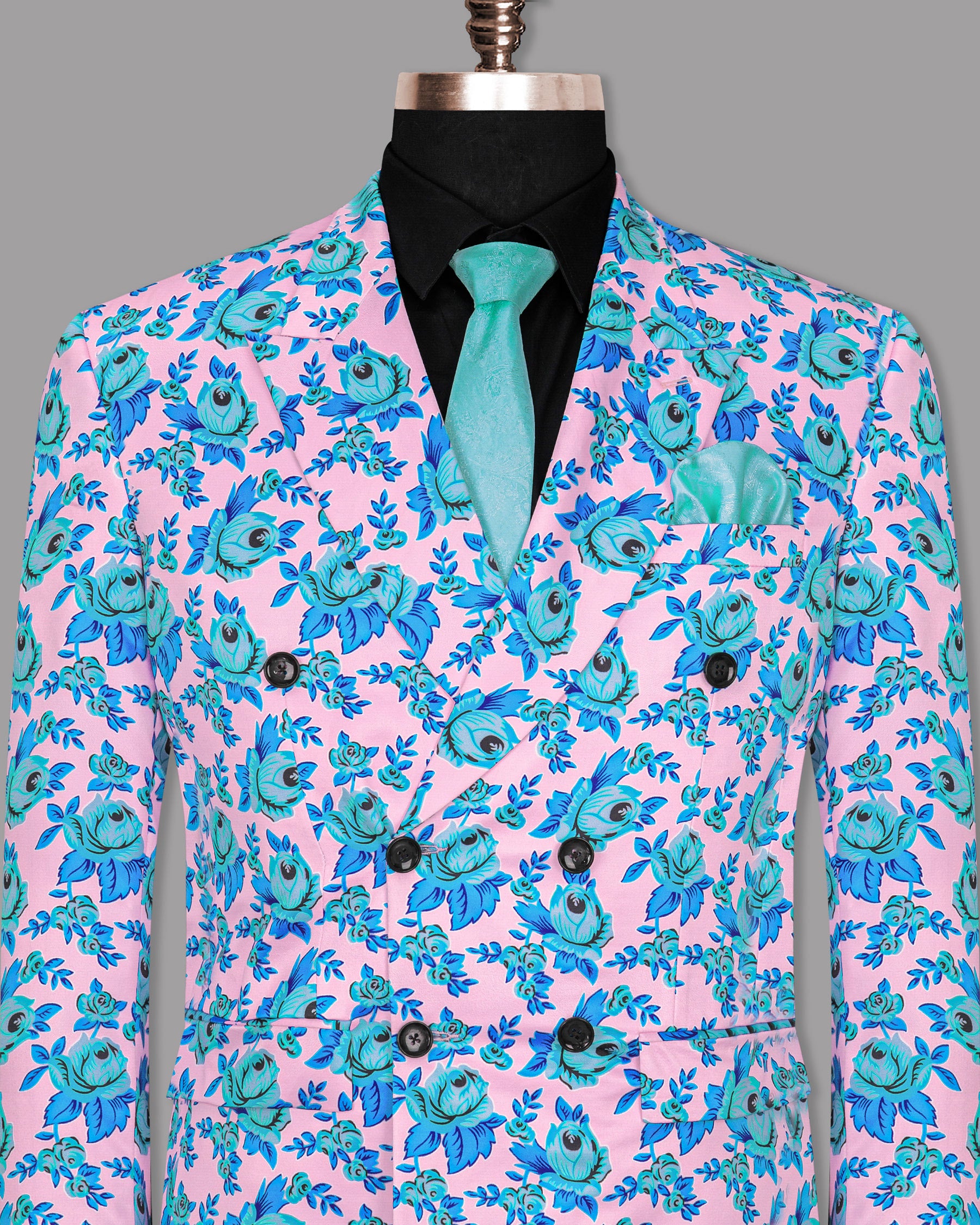 Azalea Pink with Shakespeare Blue Flower Printed Super Soft Premium Designer Blazer BL1156-DB-36, BL1156-DB-38, BL1156-DB-40, BL1156-DB-42, BL1156-DB-44, BL1156-DB-46, BL1156-DB-48, BL1156-DB-50, BL1156-DB-56, BL1156-DB-58, BL1156-DB-52, BL1156-DB-54, BL1156-DB-60