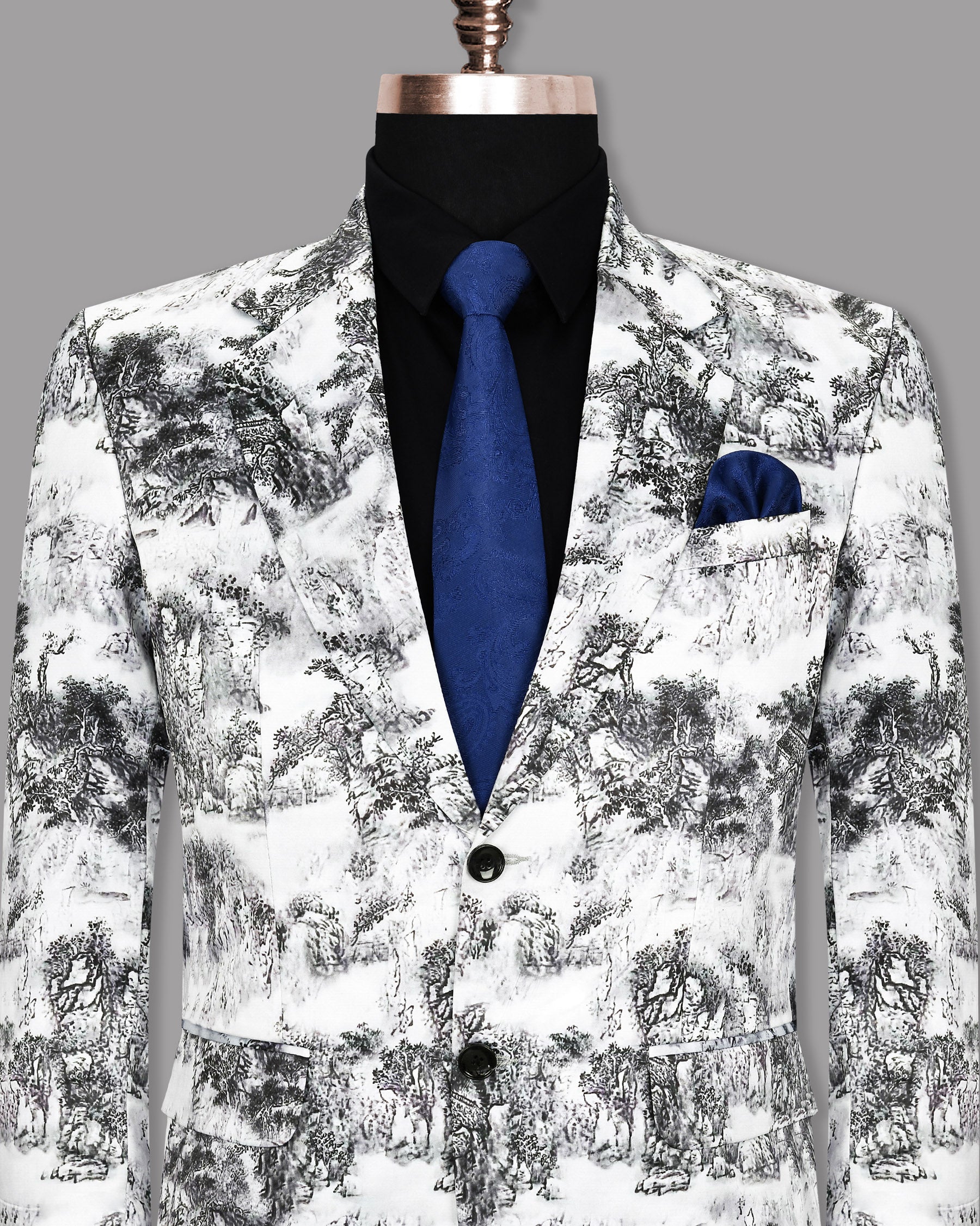 White with Black Jungle art Super Soft Premium Designer Blazer BL1163-SB-36, BL1163-SB-38, BL1163-SB-40, BL1163-SB-42, BL1163-SB-44, BL1163-SB-50, BL1163-SB-52, BL1163-SB-54, BL1163-SB-56, BL1163-SB-58, BL1163-SB-60, BL1163-SB-46, BL1163-SB-48