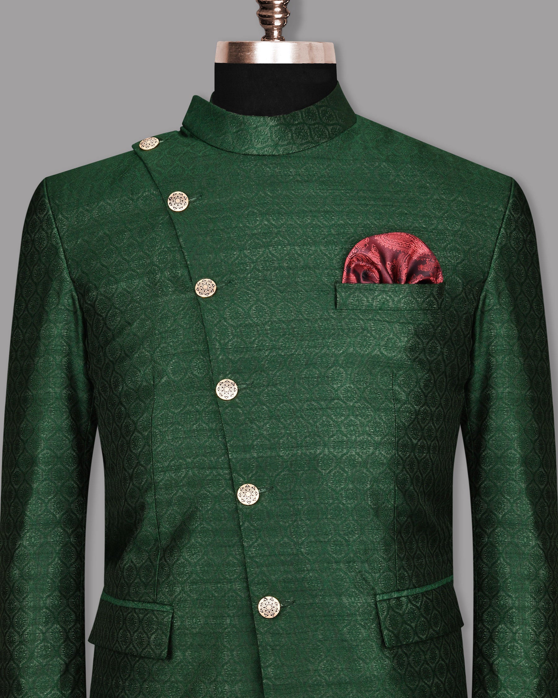 Everglade Green Jacquard Cross Buttoned Bandhgala/Mandarin Blazer BL1172-CBG2-60, BL1172-CBG2-44, BL1172-CBG2-46, BL1172-CBG2-48, BL1172-CBG2-58, BL1172-CBG2-38, BL1172-CBG2-40, BL1172-CBG2-42, BL1172-CBG2-50, BL1172-CBG2-56, BL1172-CBG2-36, BL1172-CBG2-52, BL1172-CBG2-54