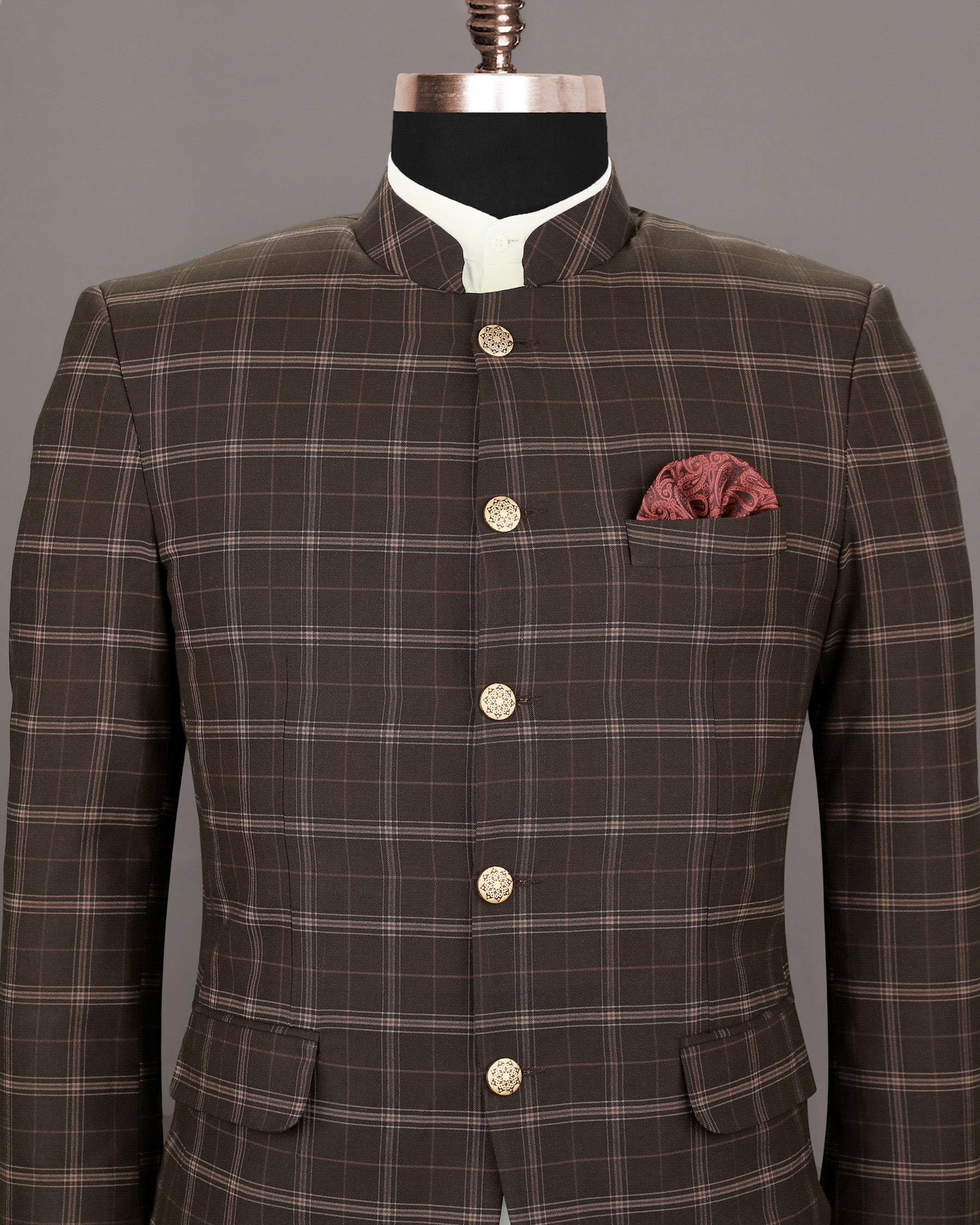 English Walnut Plaid Wool Rich Bandhgala Blazer BL1195-BG-50, BL1195-BG-36, BL1195-BG-40, BL1195-BG-42, BL1195-BG-52, BL1195-BG-56, BL1195-BG-58, BL1195-BG-60, BL1195-BG-38, BL1195-BG-44, BL1195-BG-46, BL1195-BG-48, BL1195-BG-54